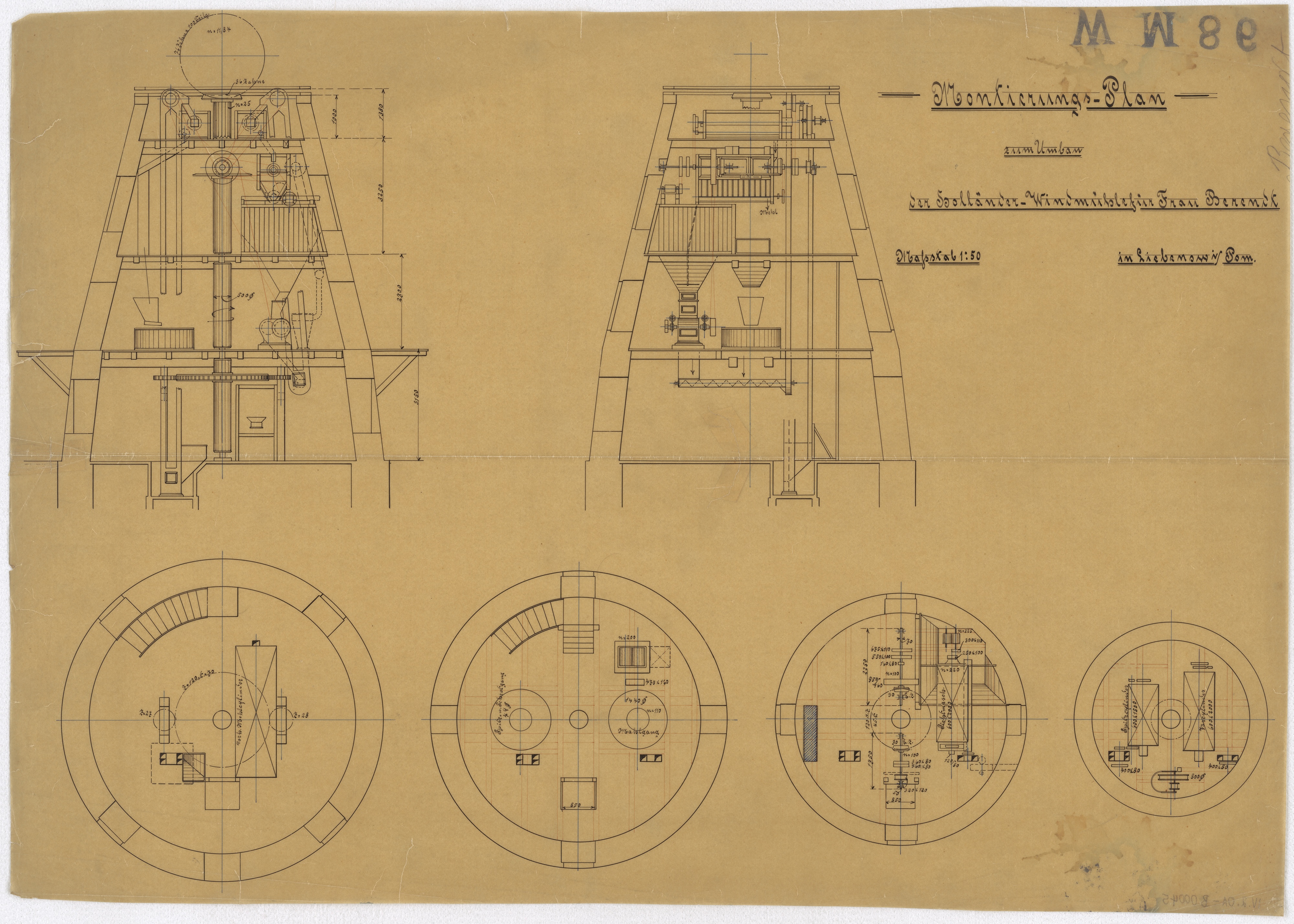 Technische Zeichnung : Montierungs-Plan zum Umbau einer Holländer-Windmühle für Frau Berendt in Liebenow in Pommern (Stiftung Deutsches Technikmuseum Berlin CC BY-SA)