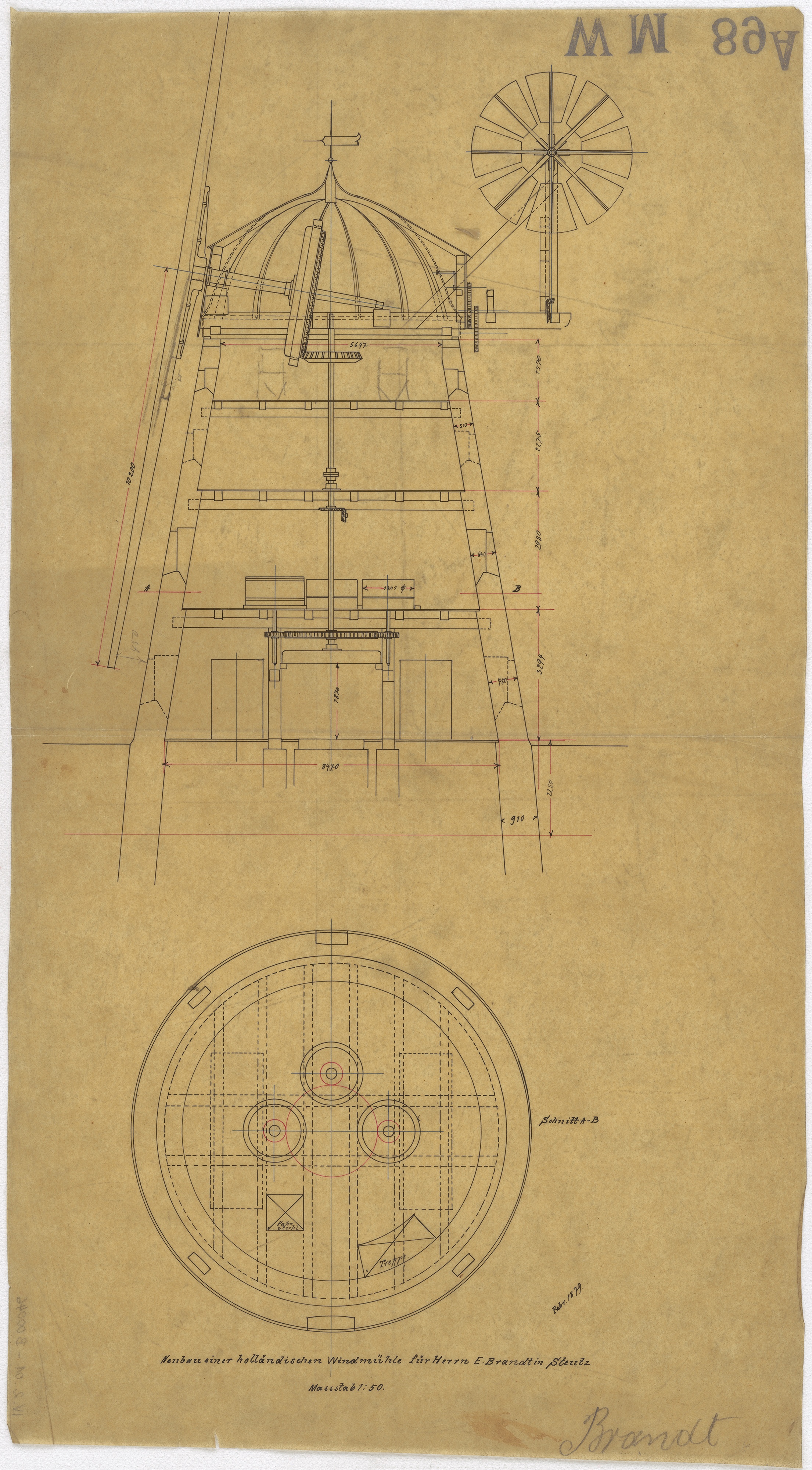 Technische Zeichnung : Neubau einer holländischen Windmühle für Herrn E. Brandt in Steutz (Stiftung Deutsches Technikmuseum Berlin CC BY-SA)