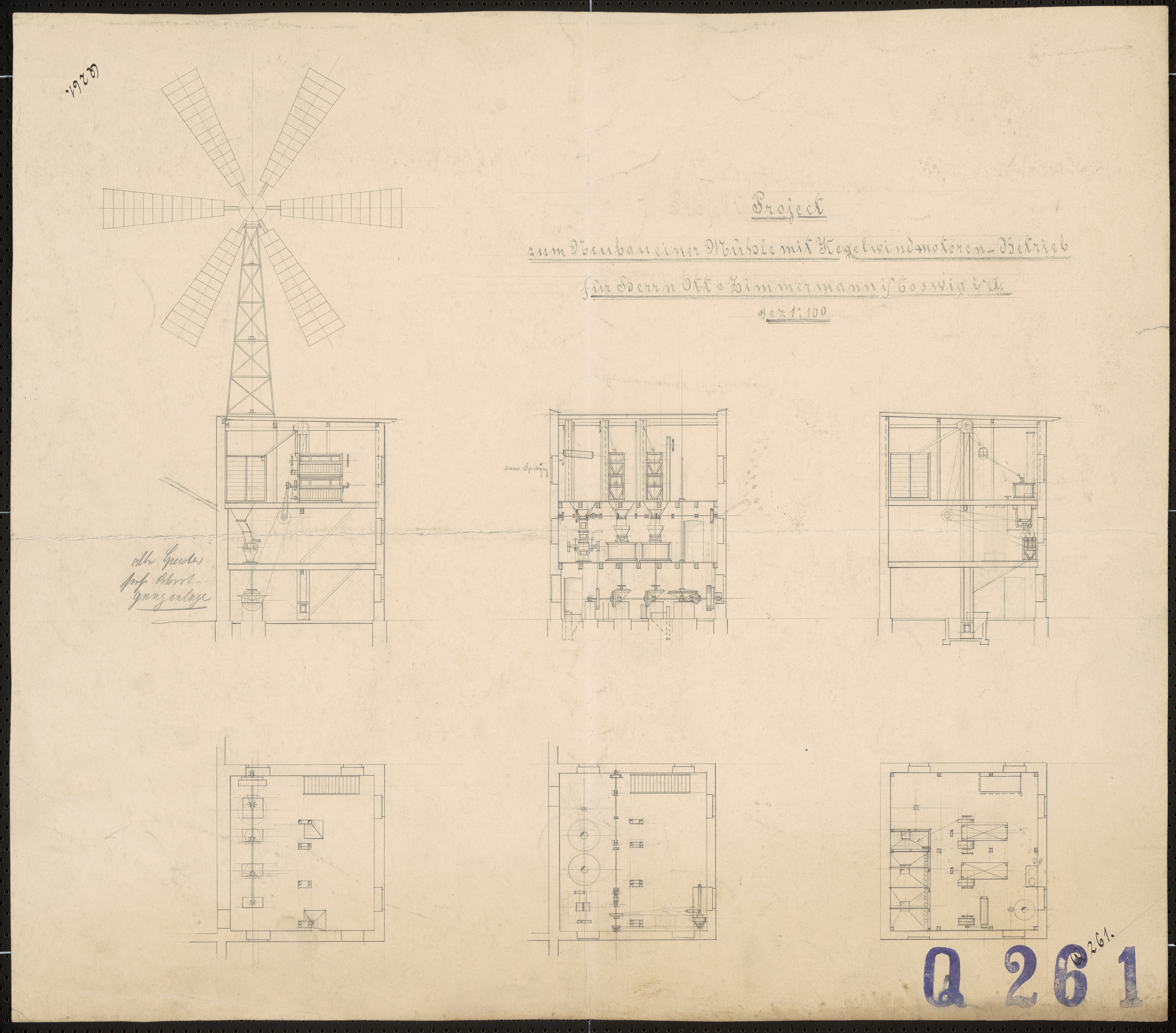Technische Zeichnung : Projekt zum Neubau einer Mühle mit Kegelwindmotoren-Betrieb für Herrn Otto Zimmermann in Coswig in Anhalt (Stiftung Deutsches Technikmuseum Berlin CC BY-SA)