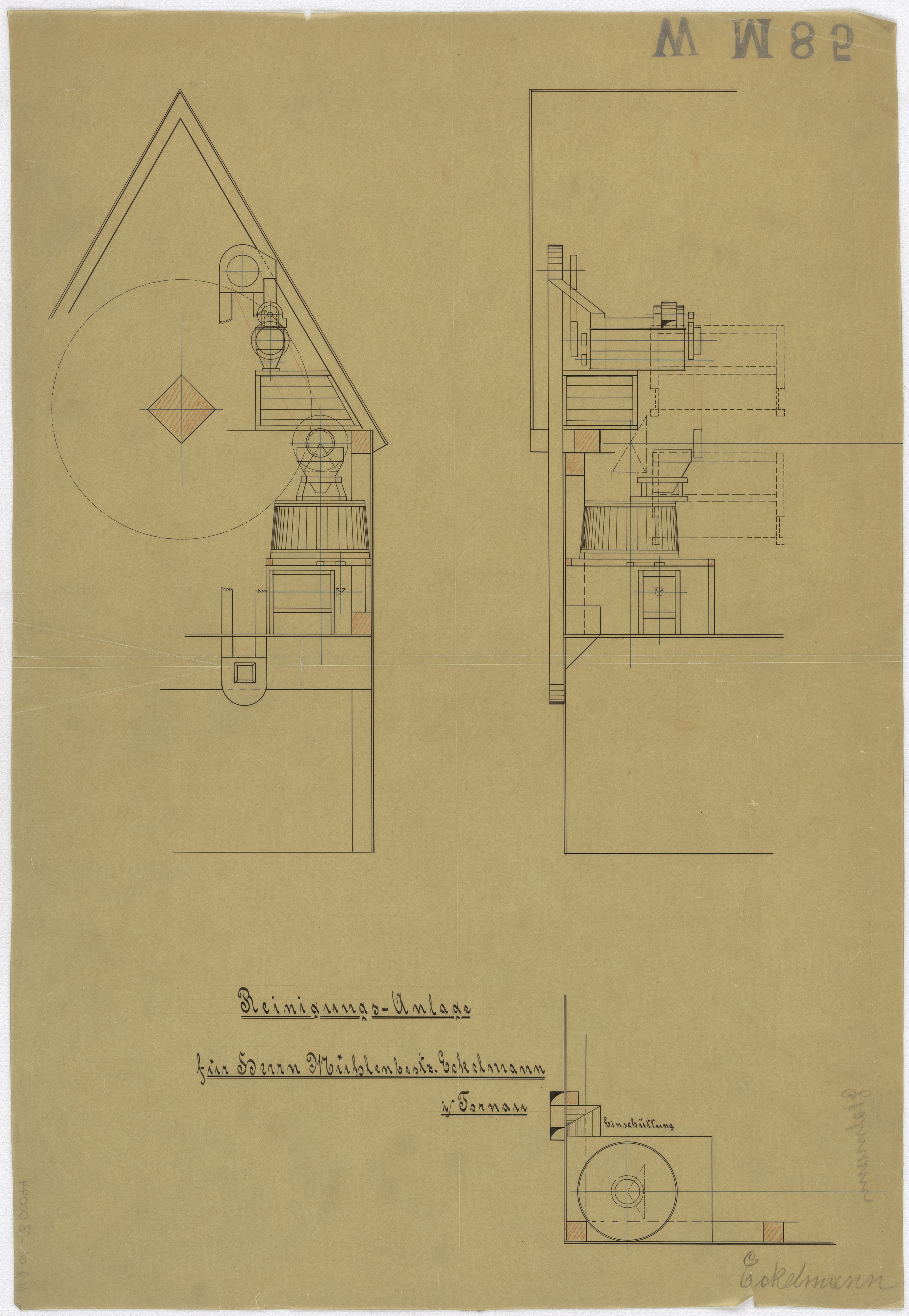 Technische Zeichnung : Reinigungs-Anlage für Herrn Mühlenbesitzer Eckelmann in Tornau (Stiftung Deutsches Technikmuseum Berlin CC BY-SA)