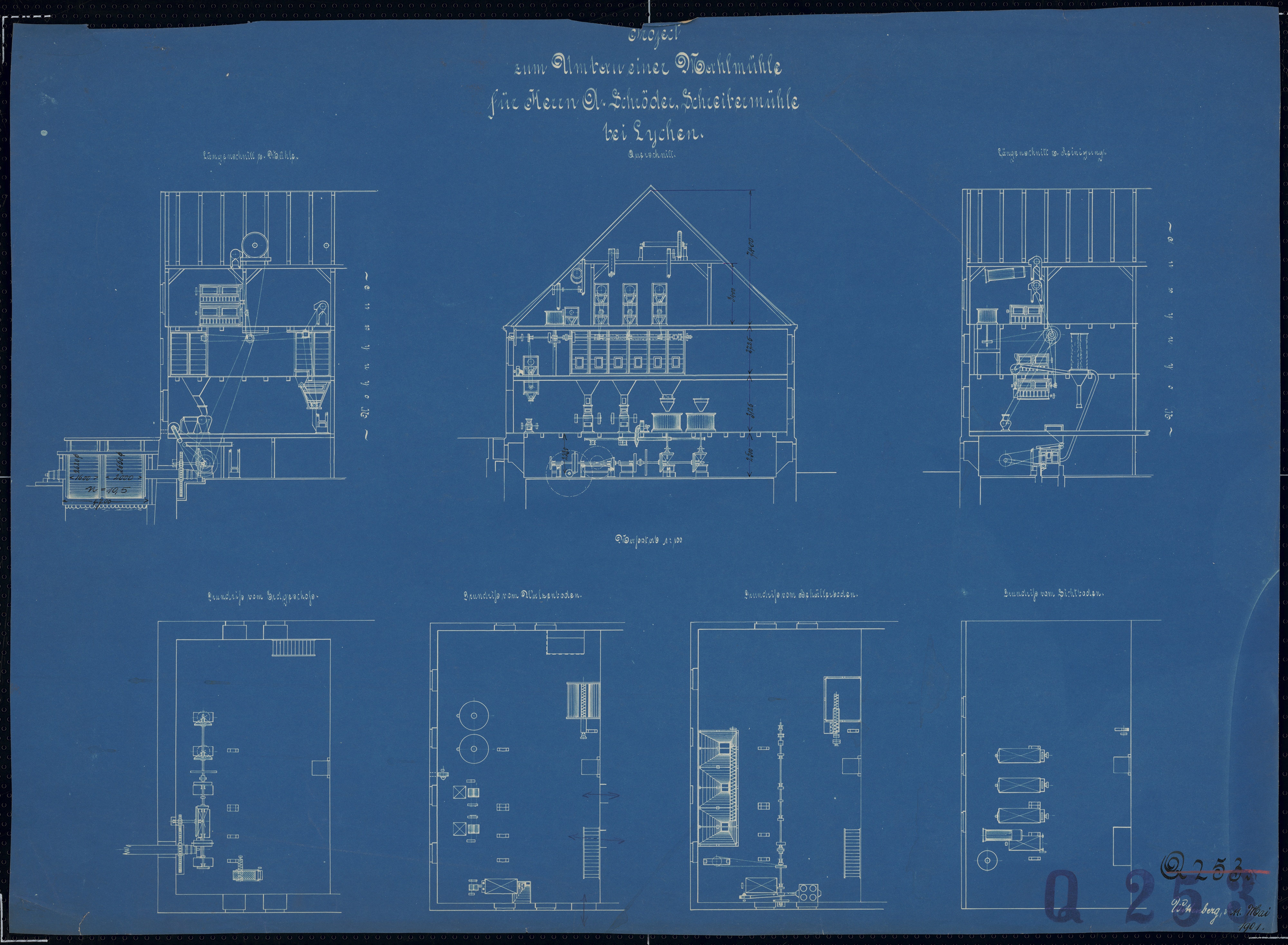 Technische Zeichnung : Projekt zum Umbau einer Mahlmühle für Herrn A. Schröder, Schreibermühle bei Lychen (Stiftung Deutsches Technikmuseum Berlin CC BY-SA)