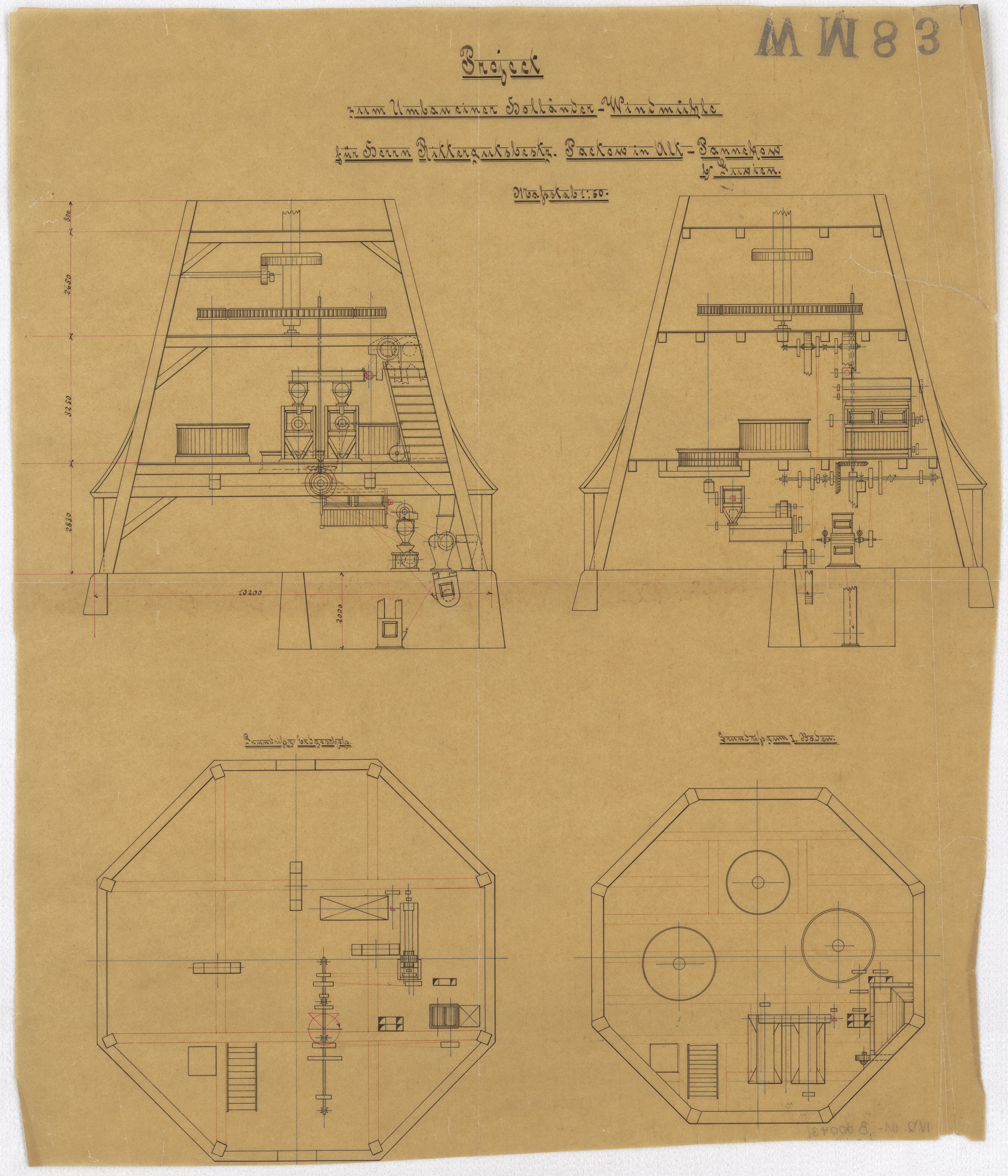 Technische Zeichnung : Projekt zum Umbau einer Holländer-Windmühle für Herrn Rittergutsbesitzer Paetow in Alt-Pannekow bei Gnoien (Stiftung Deutsches Technikmuseum Berlin CC BY-SA)