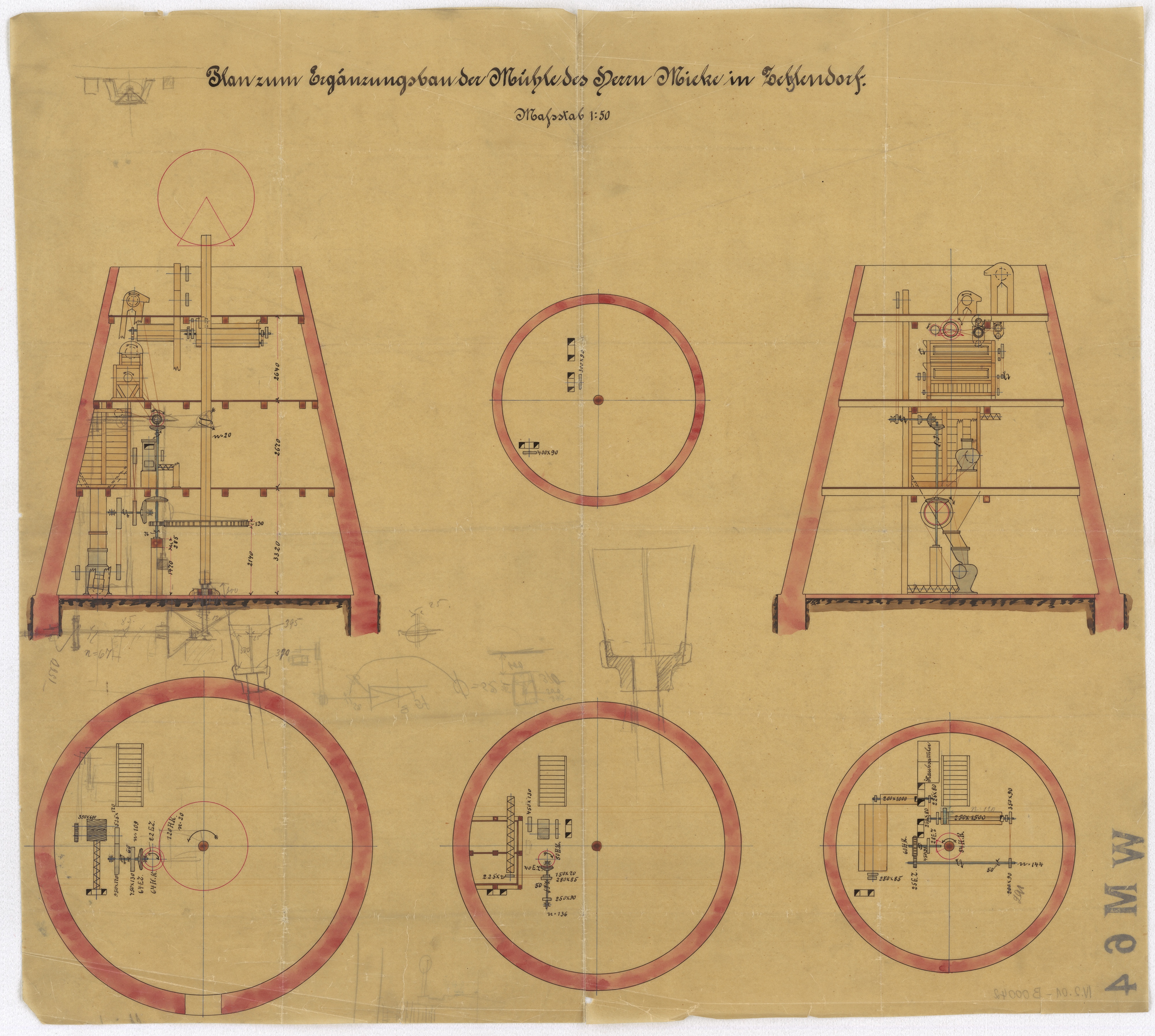 Technische Zeichnung : Plan zum Ergänzungsbau der Mühle des Herrn Mieke in Zehlendorf (Stiftung Deutsches Technikmuseum Berlin CC BY-SA)