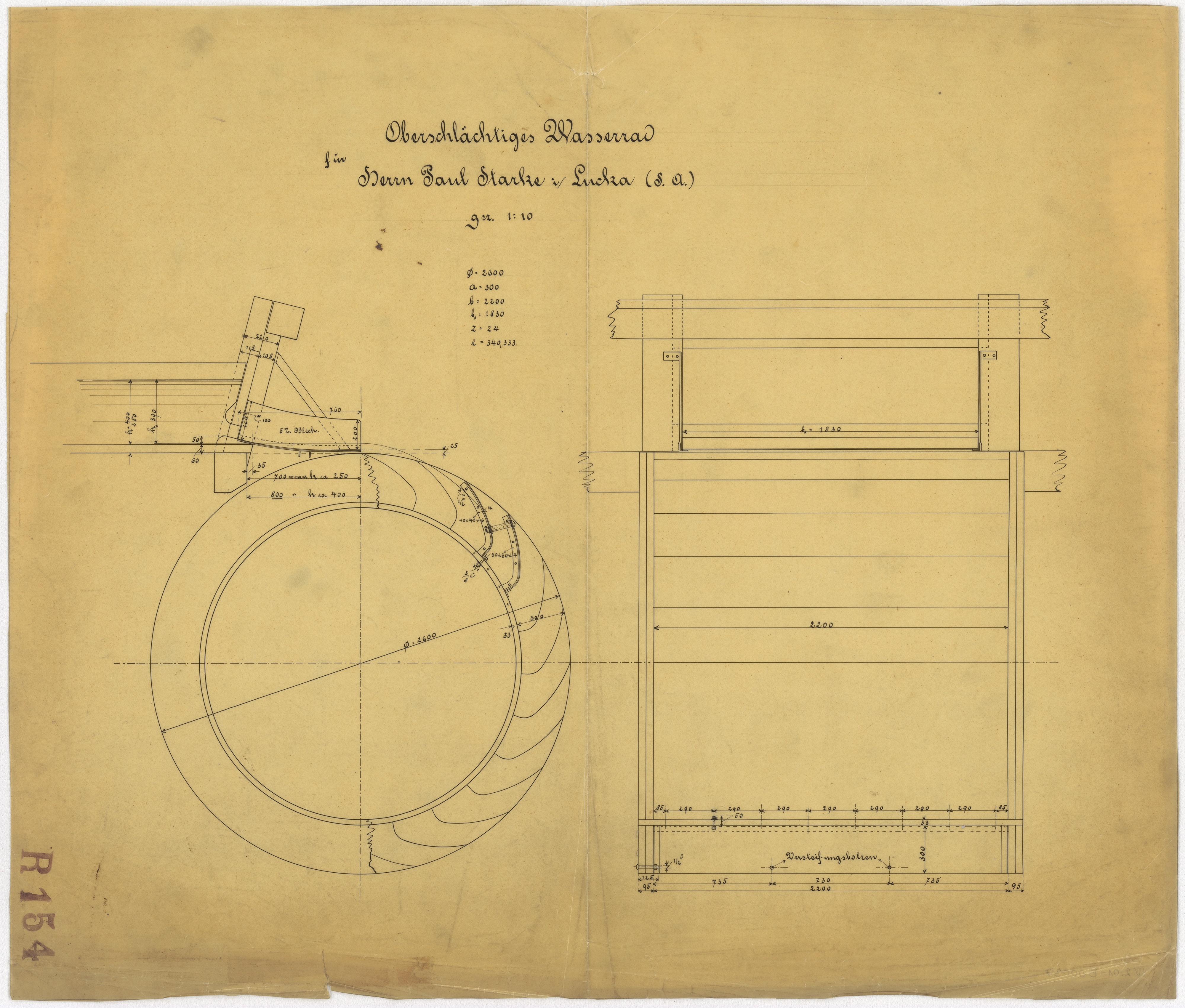 Technische Zeichnung : Oberschlächtiges Wasserrad für Herrn Paul Starke in Lucka (Sachsen-Altenburg) (Stiftung Deutsches Technikmuseum Berlin CC BY-SA)
