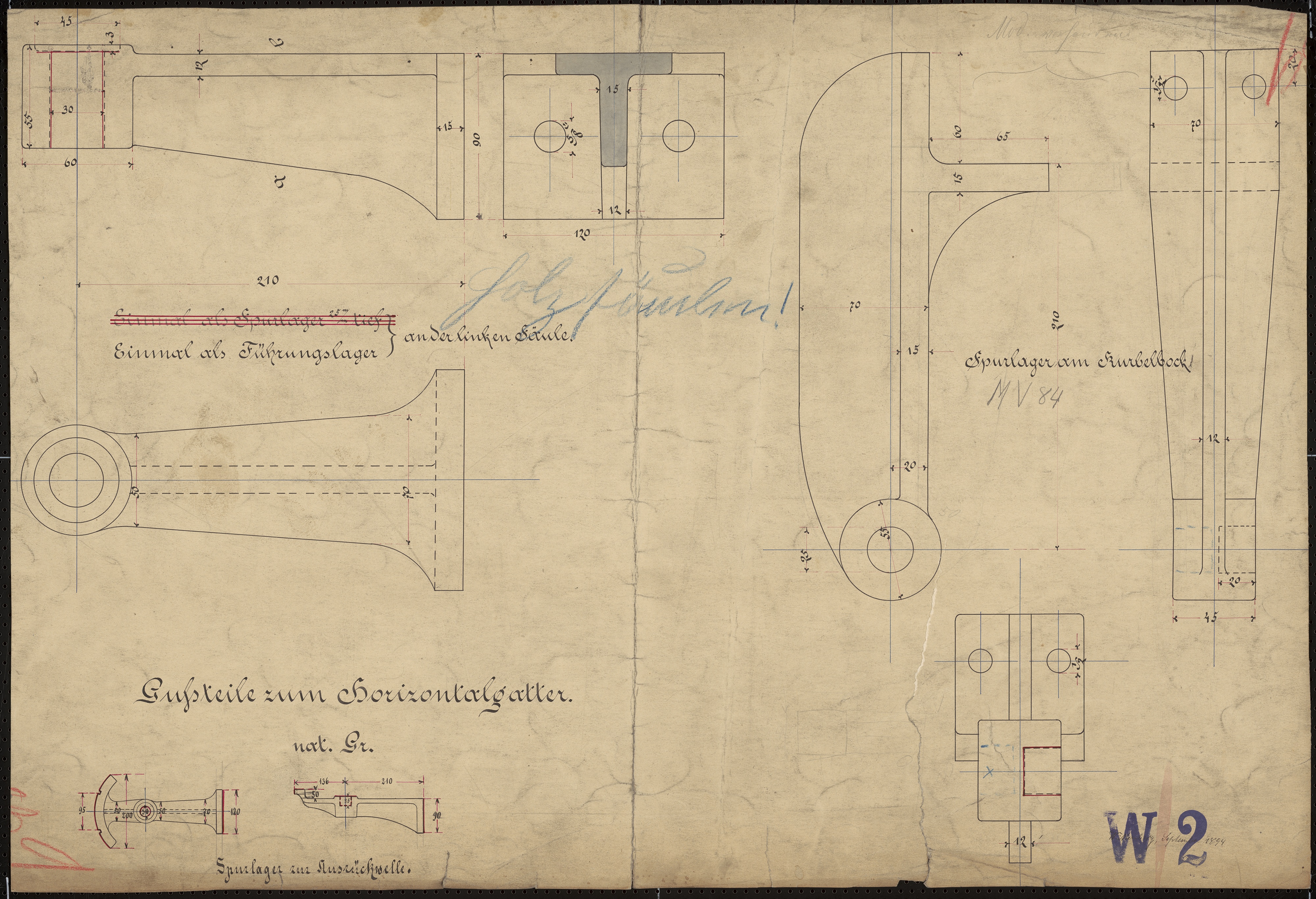 Technische Zeichnung : Gussteile zum Horizontalgatter (Stiftung Deutsches Technikmuseum Berlin CC BY-SA)