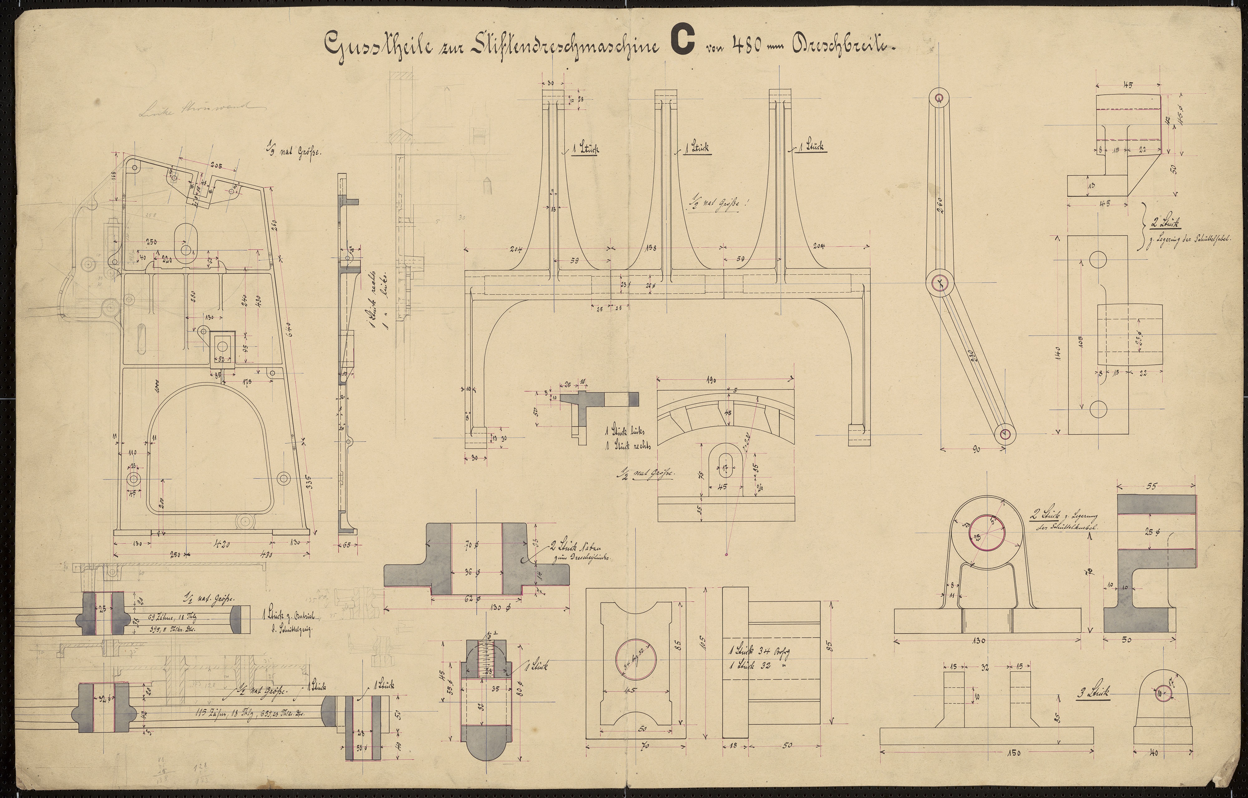 Technische Zeichnung : Gussteile zur Stiftendreschmaschine C von 480 mm Dreschbreite (Stiftung Deutsches Technikmuseum Berlin CC BY-SA)