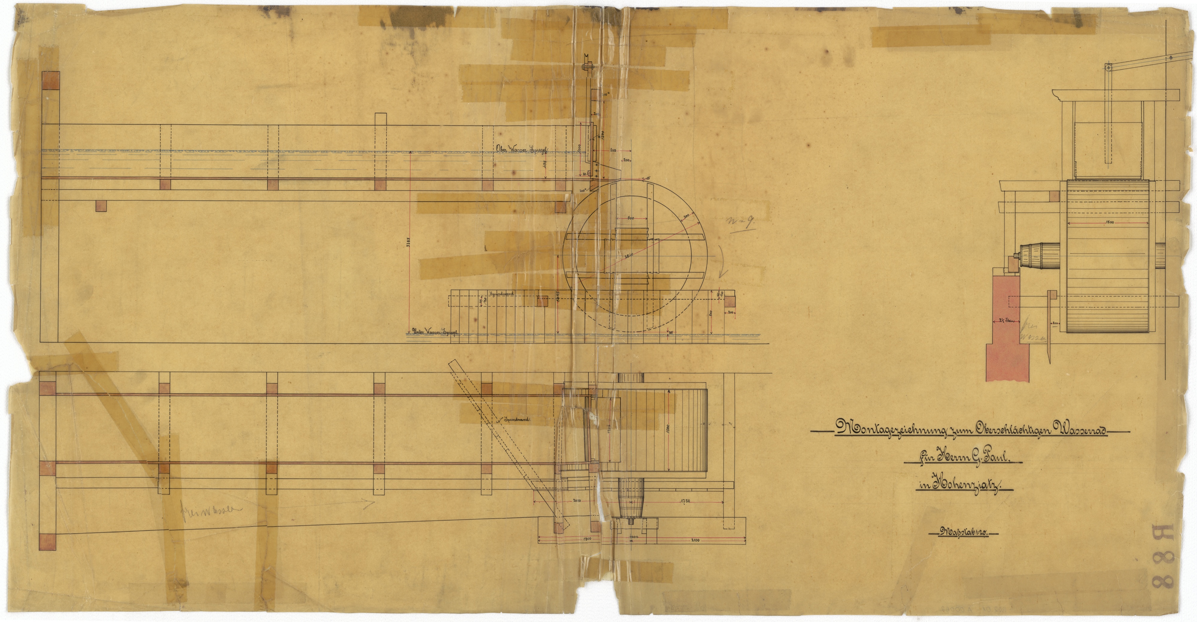 Technische Zeichnung : Montagezeichnung zum oberschlächtigen Wasserrad für Herrn G. Paul in Hohenziatz (Stiftung Deutsches Technikmuseum Berlin CC BY-SA)