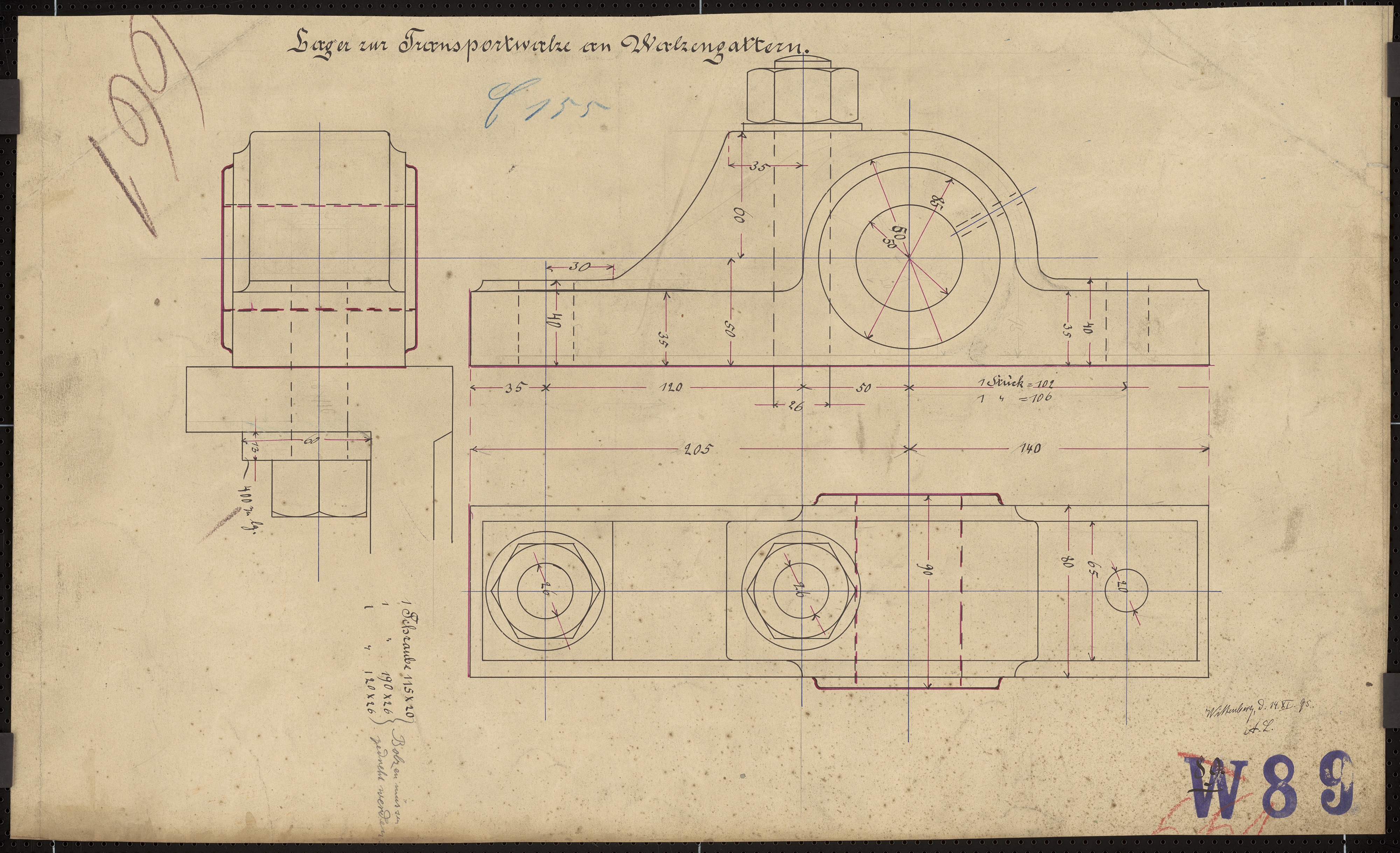 Technische Zeichnung : Lager zur Transportwalze an Walzengattern (Stiftung Deutsches Technikmuseum Berlin CC BY-SA)