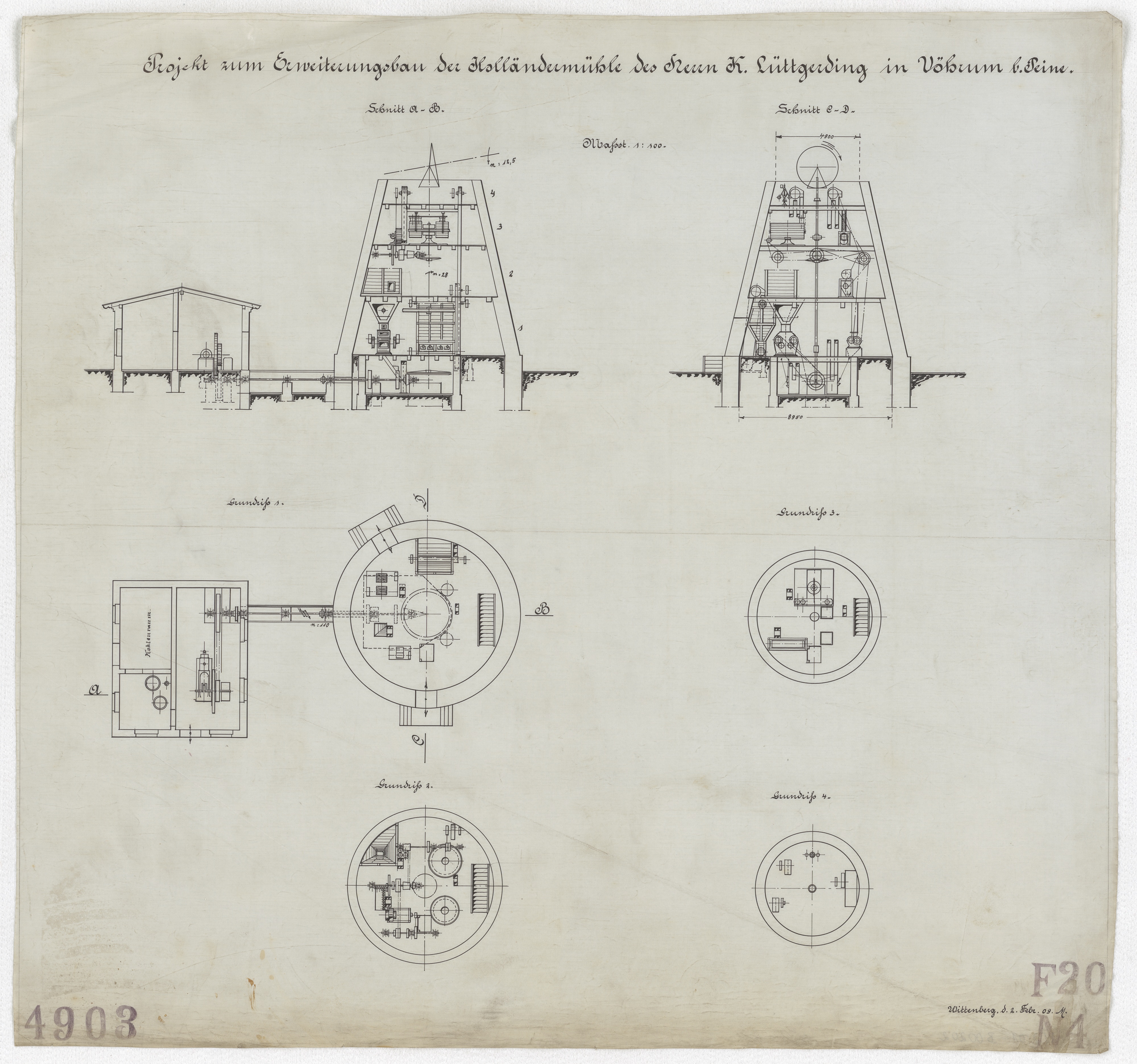 Technische Zeichnung : Projekt zum Erweiterungsbau der Holländermühle des Herrn K. Lüttgerding in Vöhrum bei Peine (Stiftung Deutsches Technikmuseum Berlin CC BY-SA)