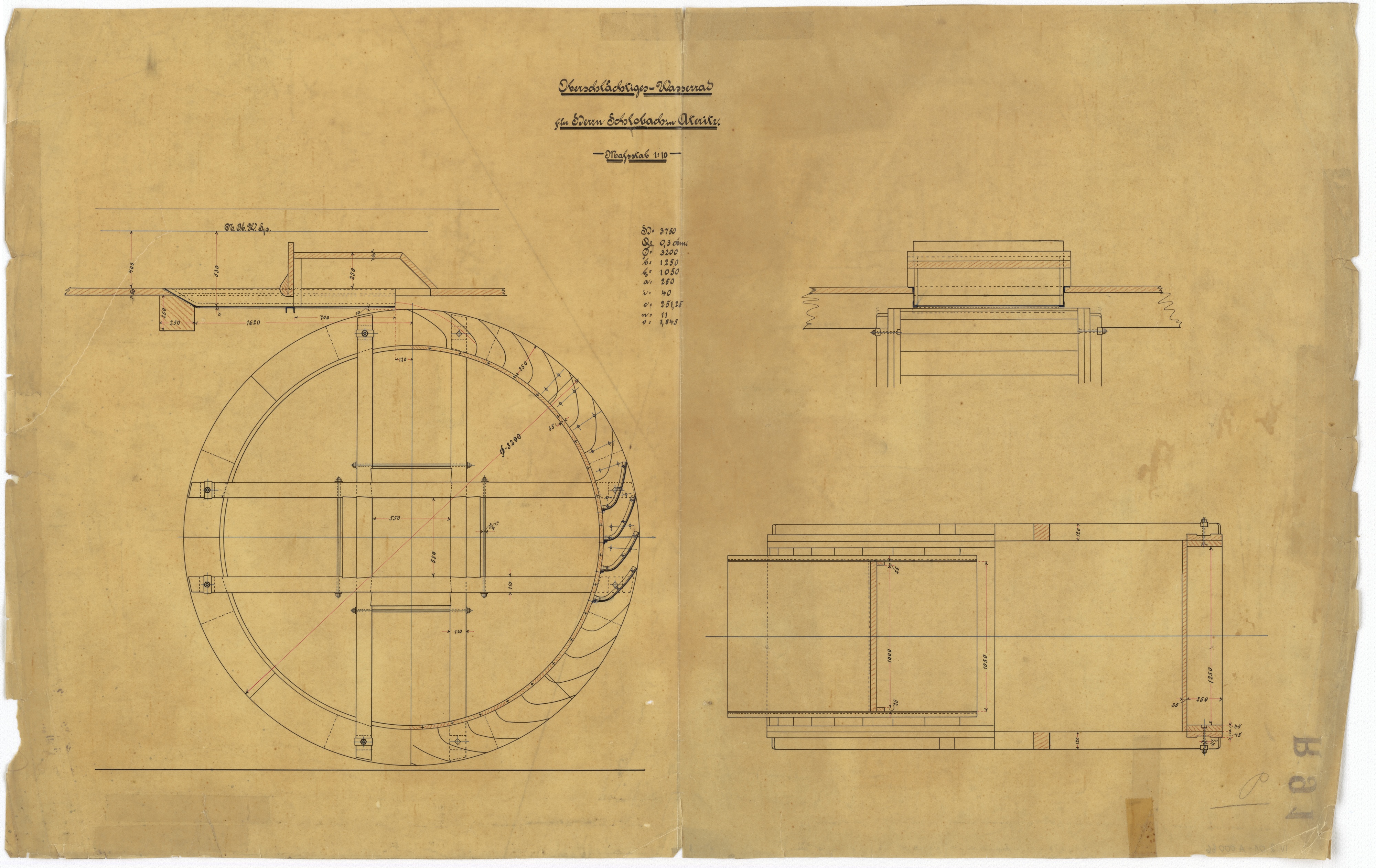 Technische Zeichnung : Oberschlächtiges Wasserrad für Herrn Schlobach in Ateritz (Stiftung Deutsches Technikmuseum Berlin CC BY-SA)