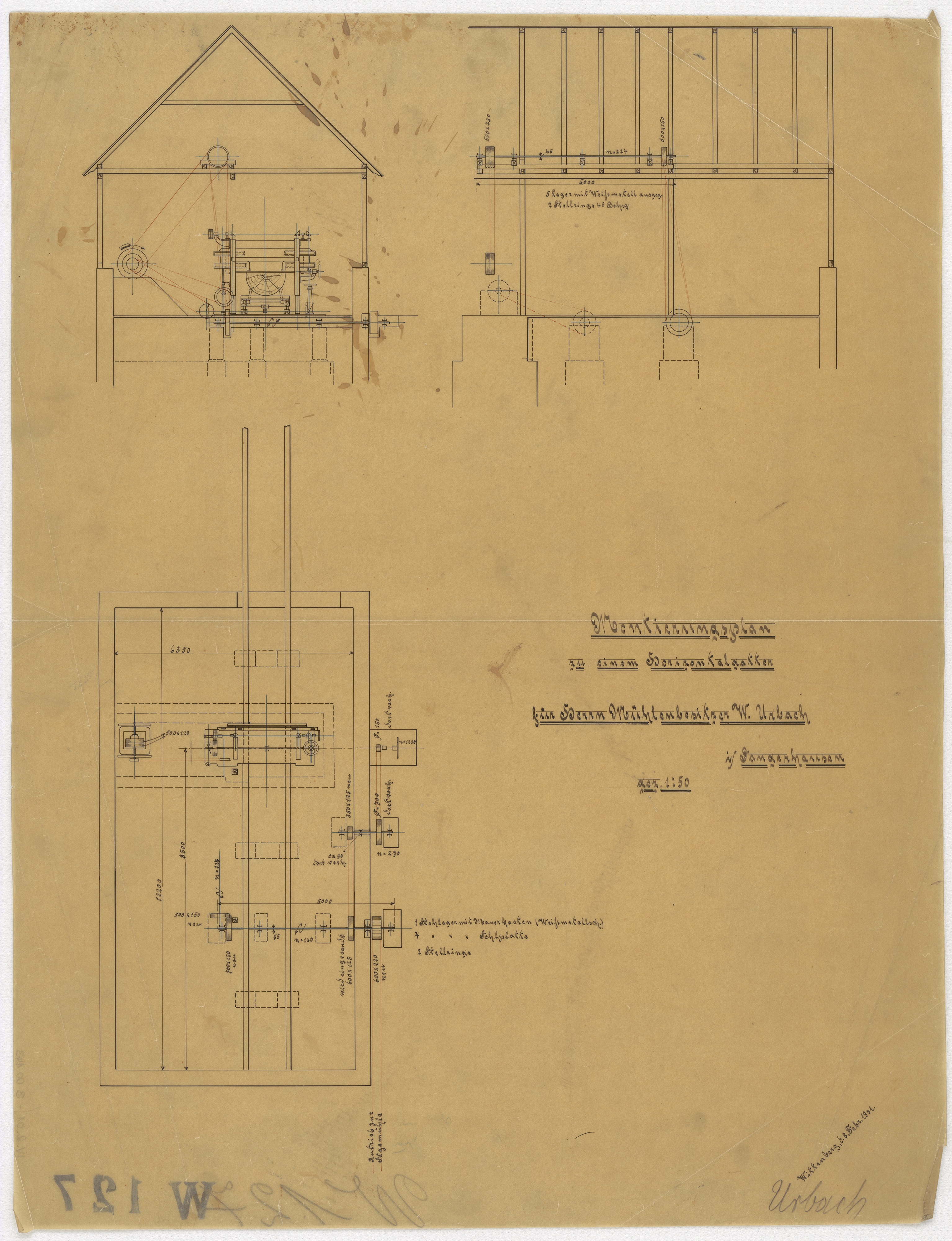 Technische Zeichnung : Montierungsplan zu einem Horizontalgatter für Herrn Mühlenbesitzer W. Urbach in Sangerhausen (Stiftung Deutsches Technikmuseum Berlin CC BY-SA)