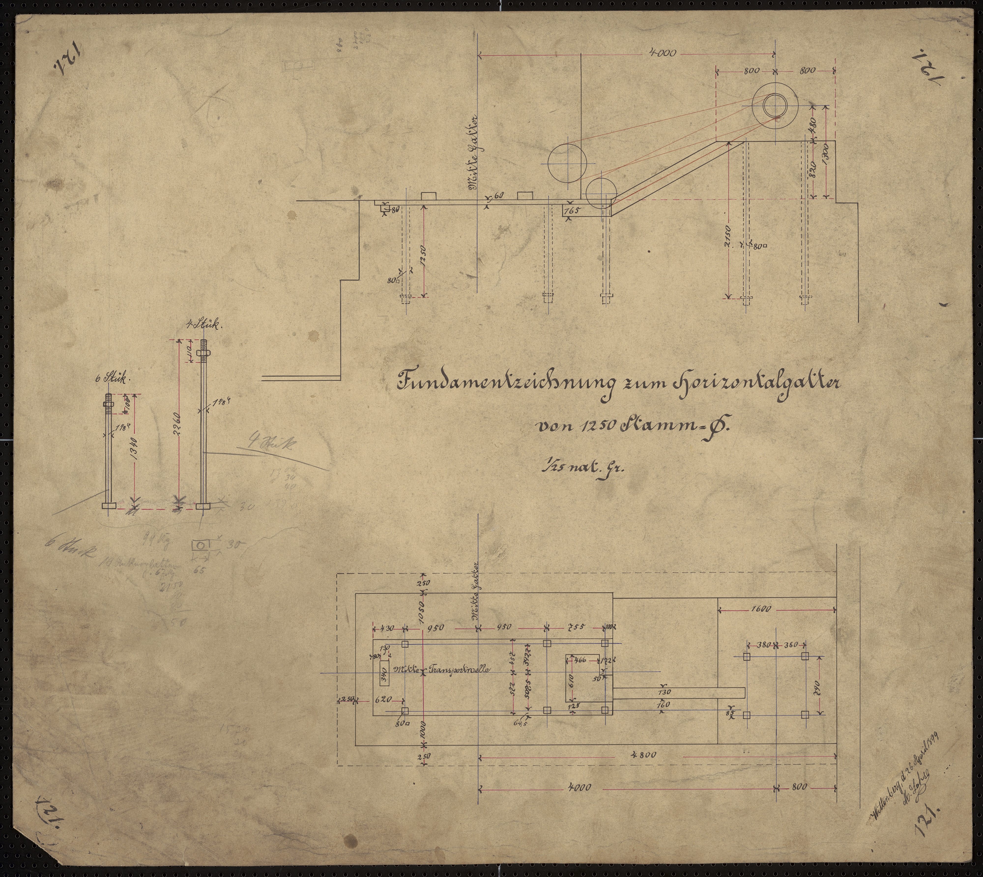 Technische Zeichnung : Fundamentzeichnung zum Horizontalgatter von 1250 [mm] Stammdurchmesser (Stiftung Deutsches Technikmuseum Berlin CC BY-SA)