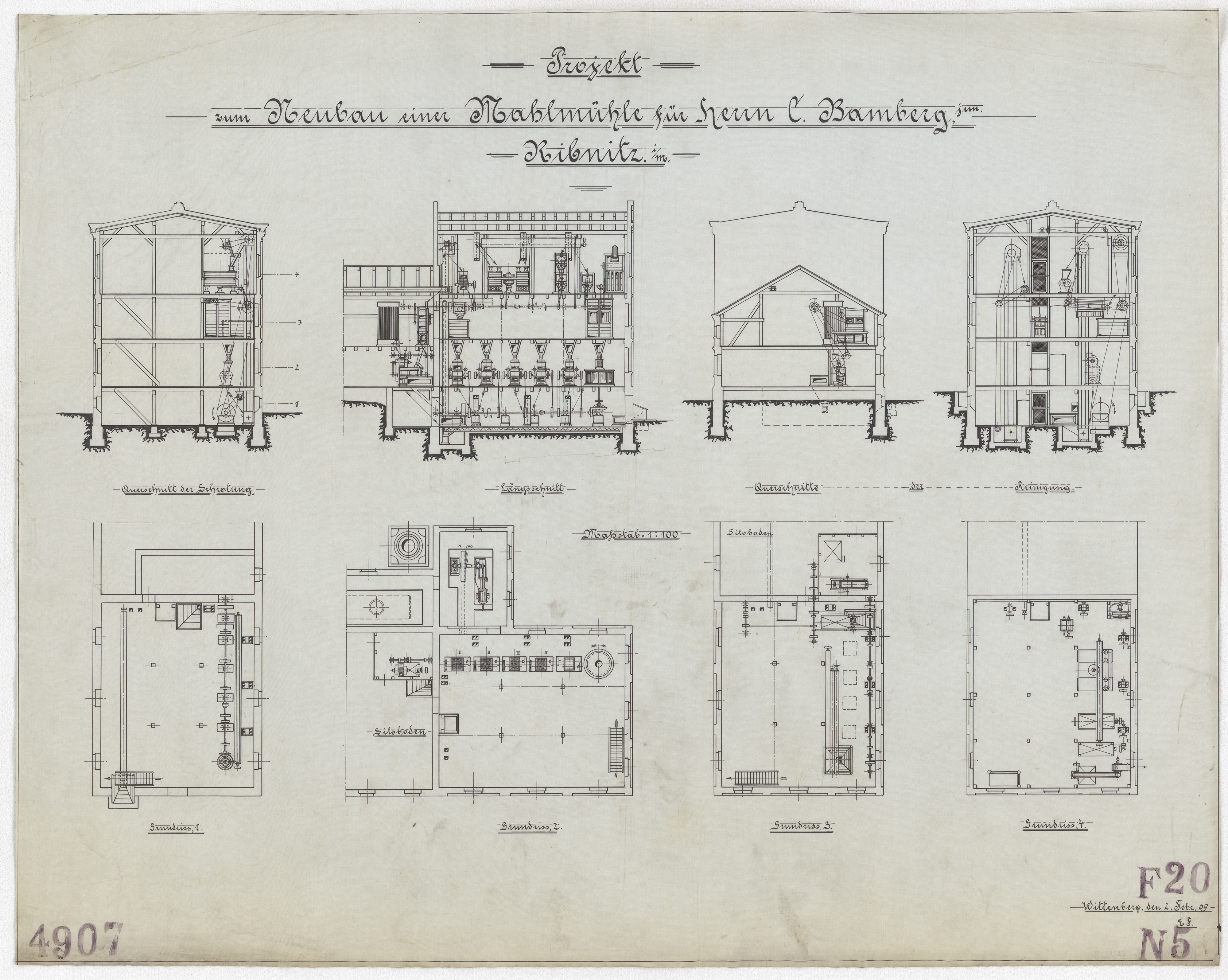 Technische Zeichnung : Projekt zum Neubau einer Mahlmühle für Herrn C. Bamberg junior, Ribnitz in Mecklenburg (Stiftung Deutsches Technikmuseum Berlin CC BY-SA)