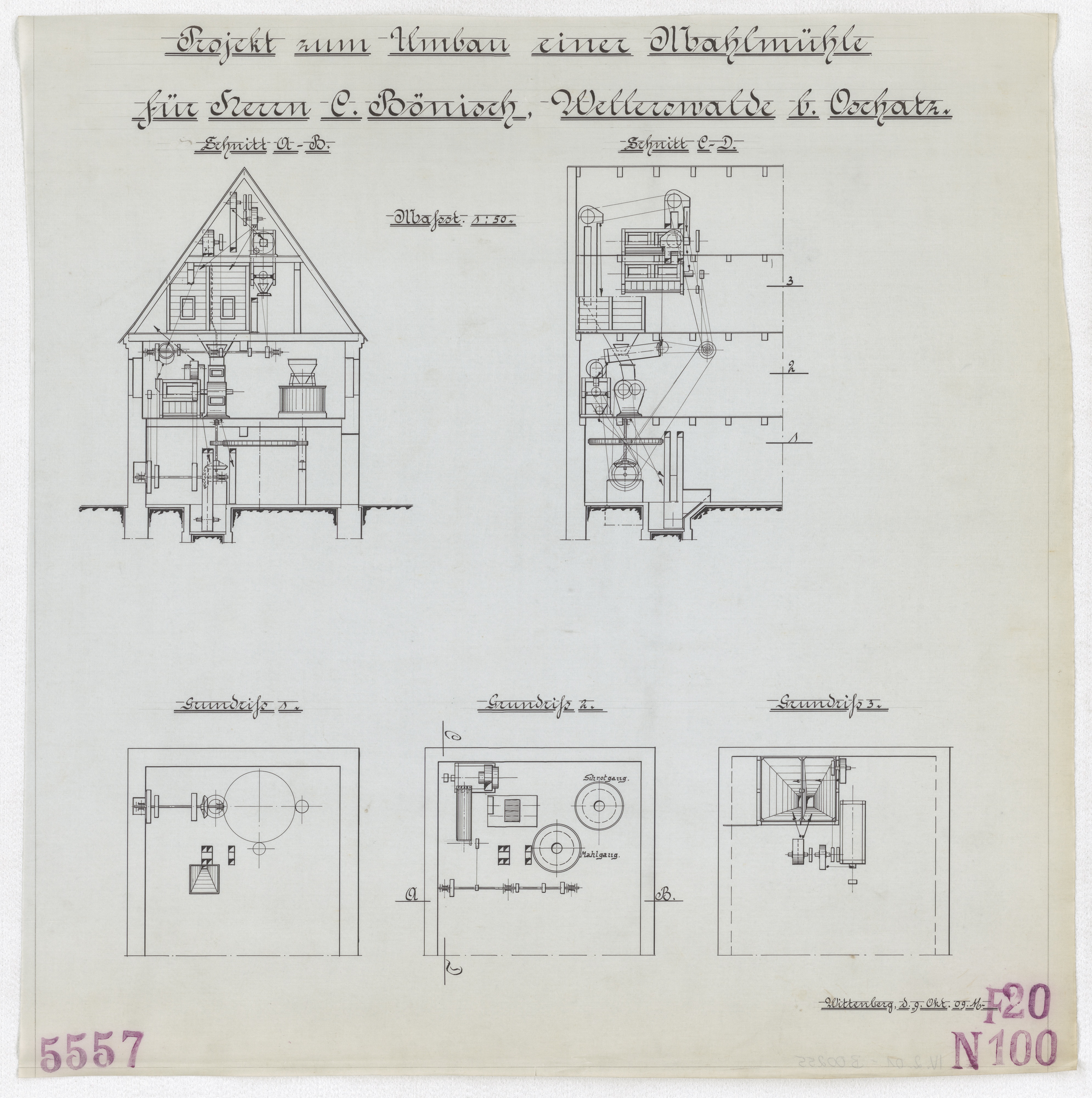 Technische Zeichnung : Projekt zum Umbau einer Mahlmühle für Herrn C. Bönisch, Wellerswalde bei Oschatz (Stiftung Deutsches Technikmuseum Berlin CC BY-SA)