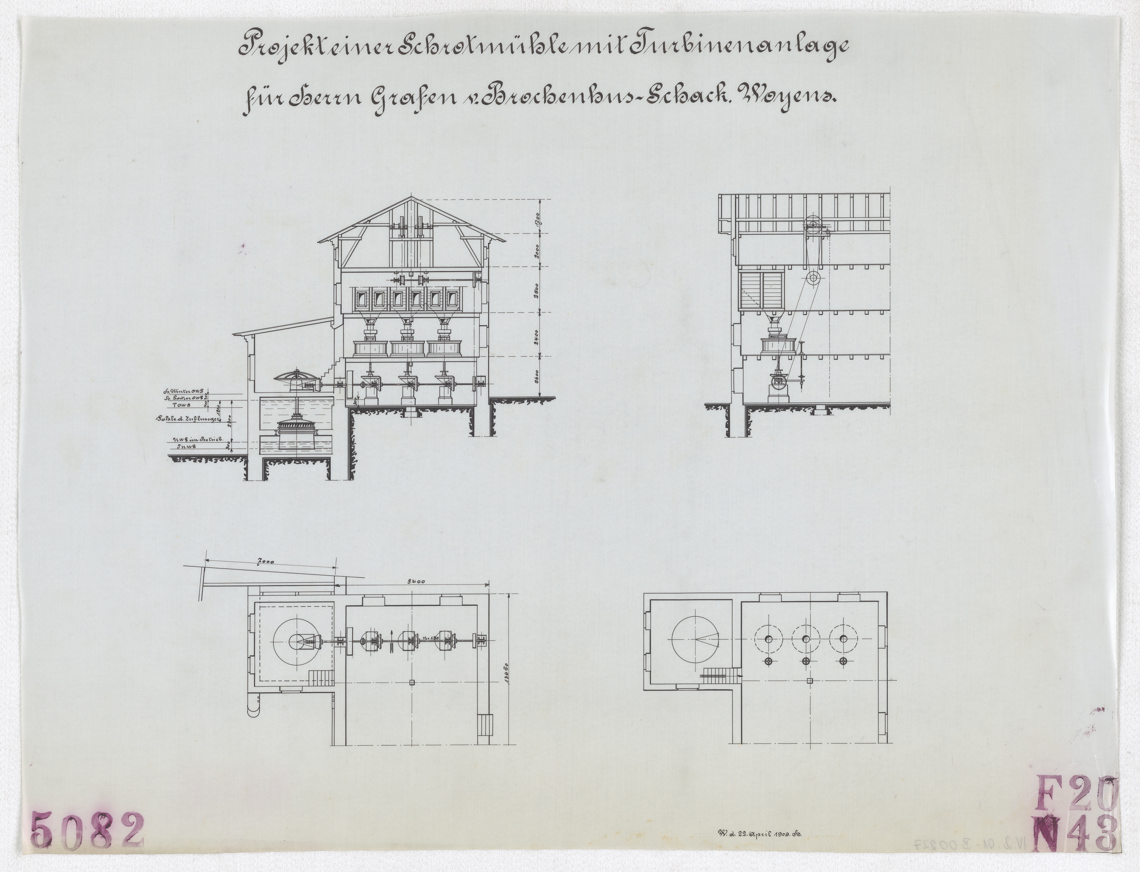 Technische Zeichnung : Projekt einer Schrotmühle mit Turbinenanlage für Herrn Grafen von Brockenhuus-Schack. Woyens (Stiftung Deutsches Technikmuseum Berlin CC BY-SA)