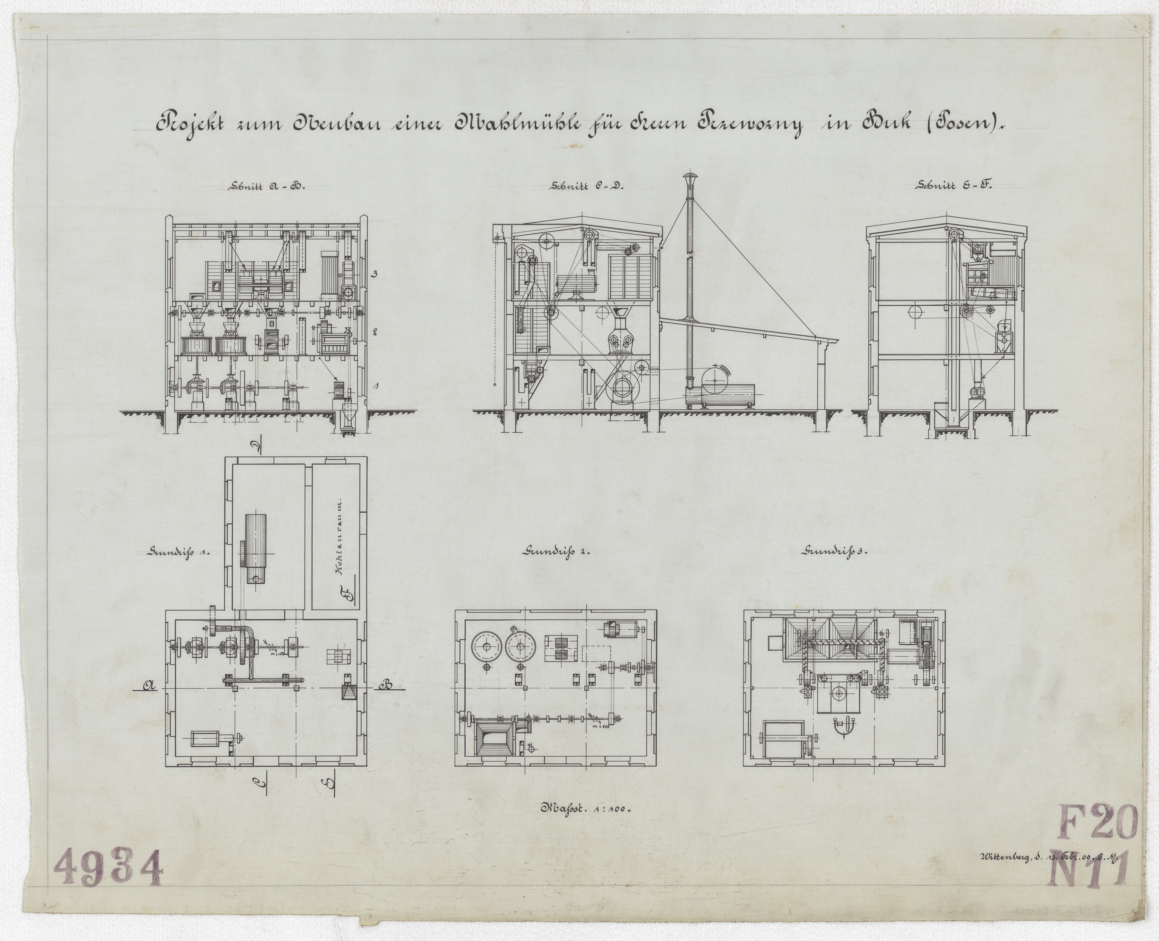 Technische Zeichnung : Projekt zum Neubau einer Mahlmühle für Herrn Przewosny in Buk, Posen (Stiftung Deutsches Technikmuseum Berlin CC BY-SA)
