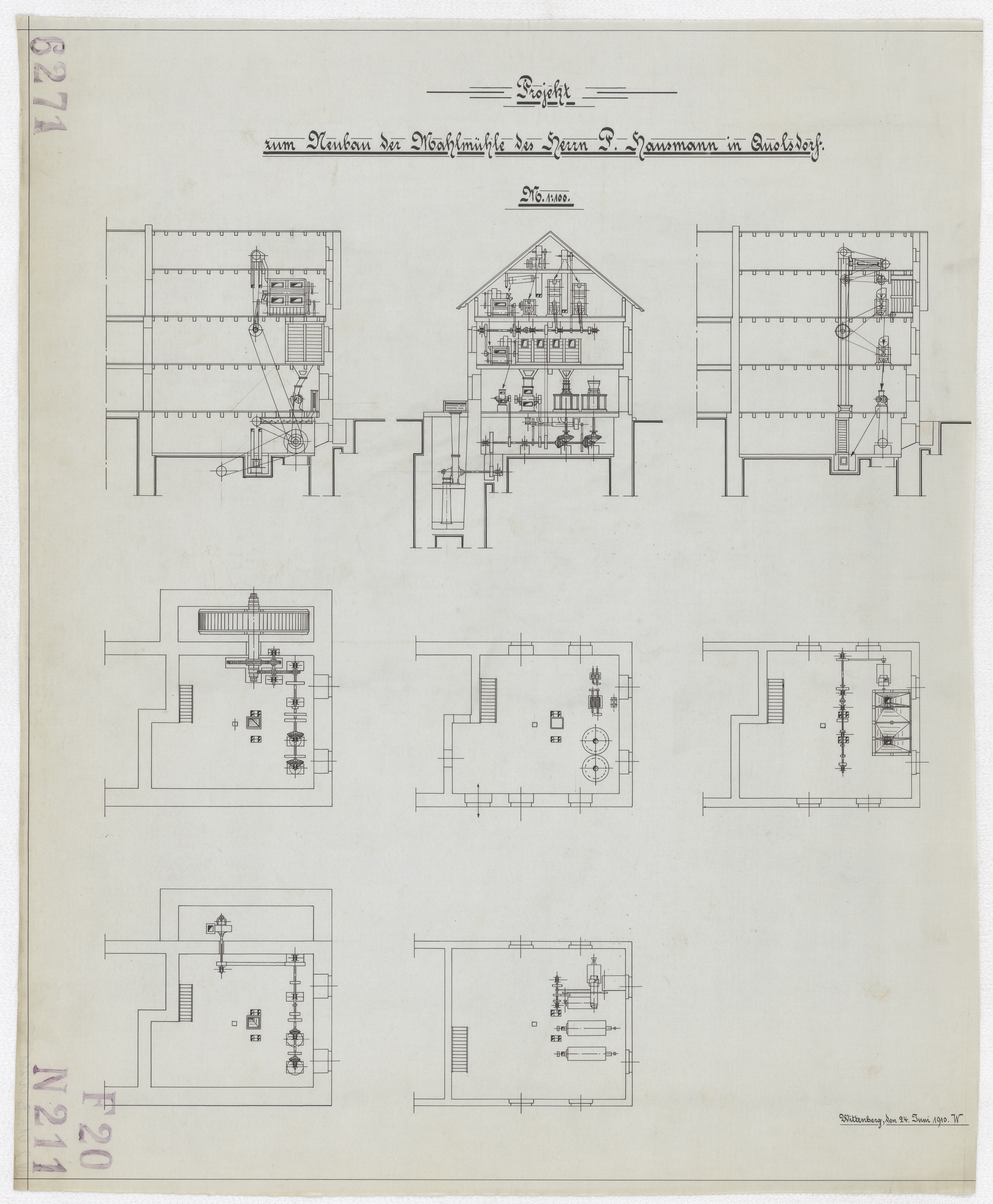 Technische Zeichnung : Projekt zum Neubau der Mahlmühle des Herrn Paul Hausmann in Quolsdorf (Stiftung Deutsches Technikmuseum Berlin CC BY-SA)
