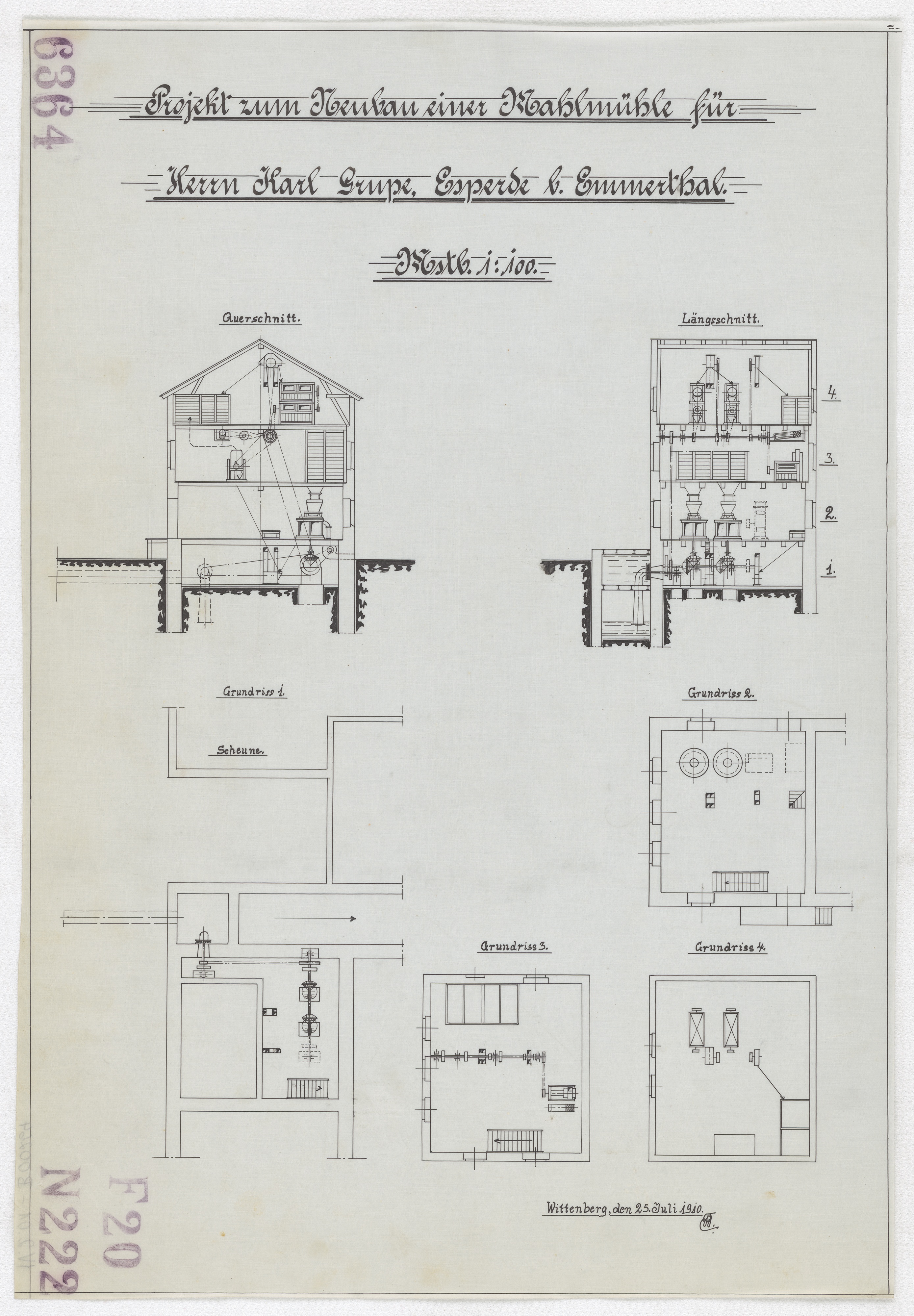 Technische Zeichnung : Projekt zum Neubau einer Mahlmühle für Herrn Karl Grupe, Esperde bei Emmerthal (Stiftung Deutsches Technikmuseum Berlin CC BY-SA)