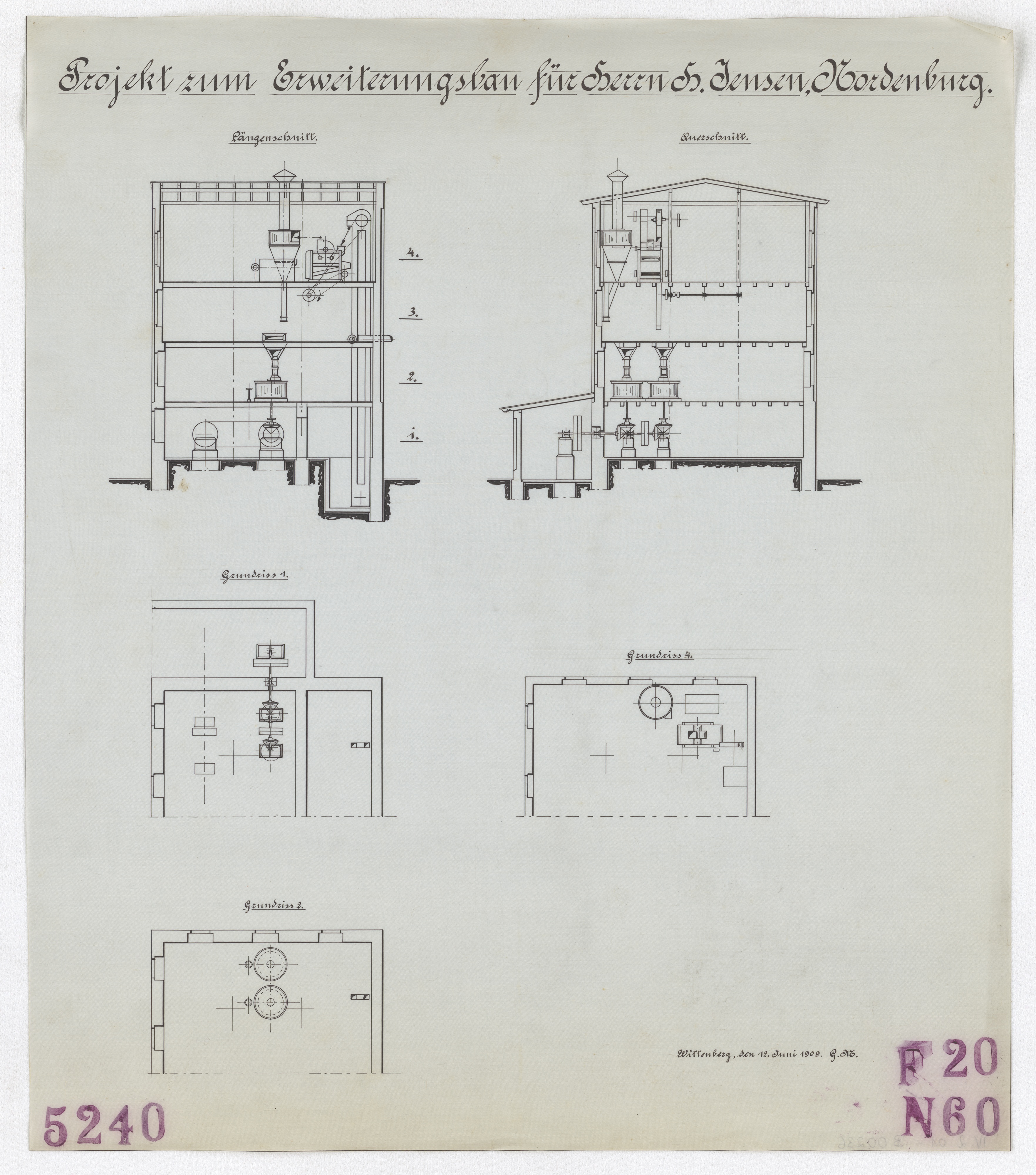 Technische Zeichnung : Projekt zum Erweiterungsbau für Herrn Hans Jensen, Nordenburg (Stiftung Deutsches Technikmuseum Berlin CC BY-SA)
