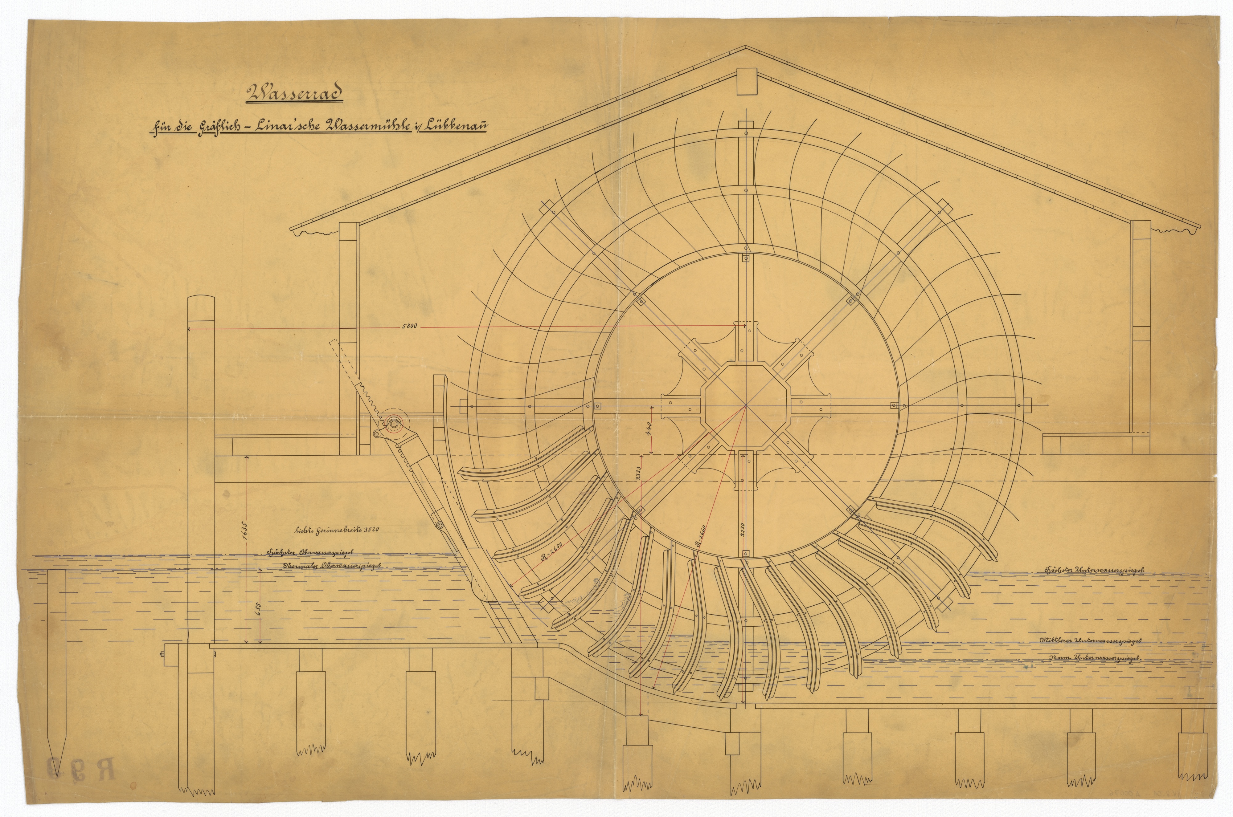Technische Zeichnung : Wasserrad für die Gräflich-Lynar´sche Wassermühle in Lübbenau (Stiftung Deutsches Technikmuseum Berlin CC BY-SA)