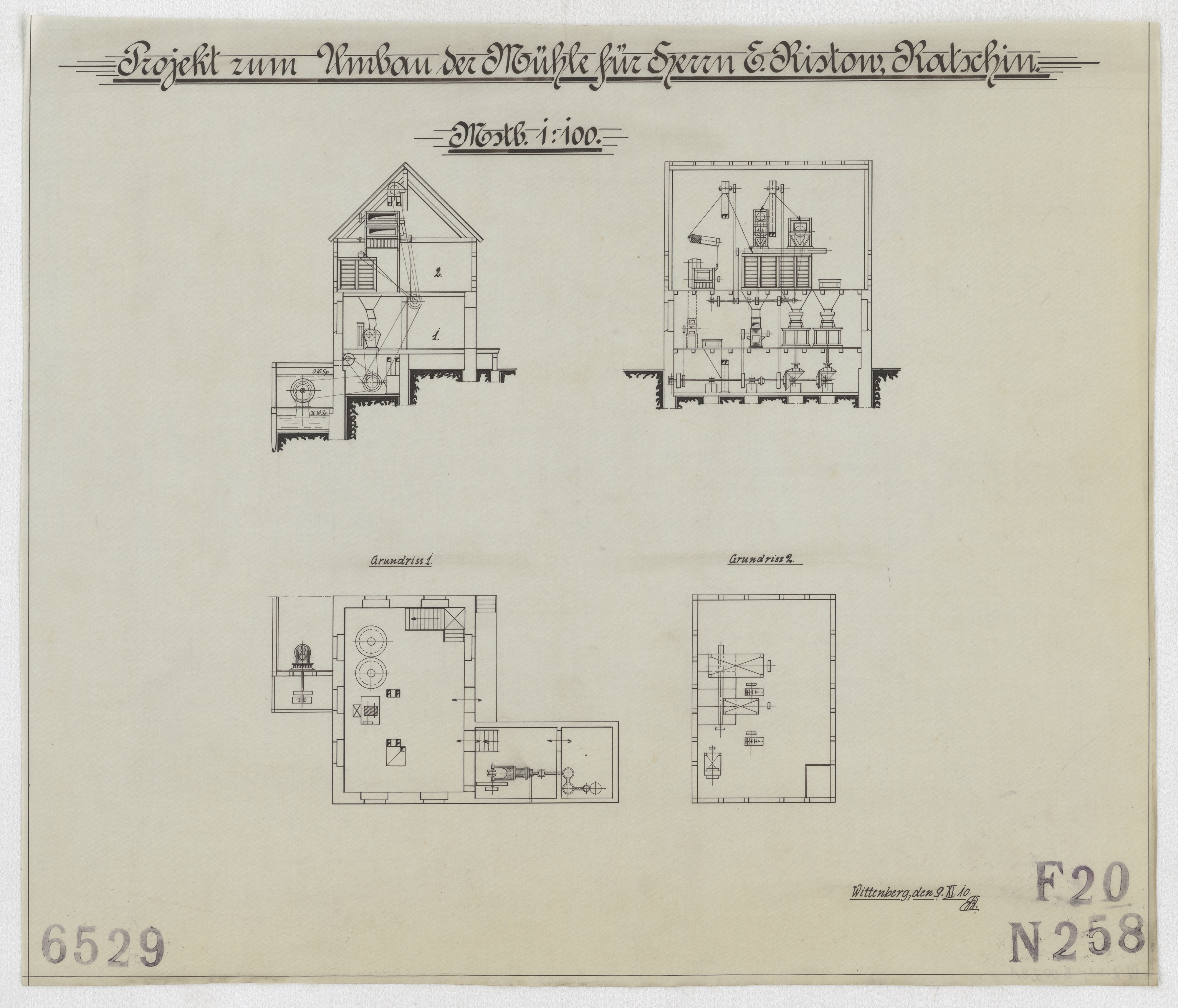 Technische Zeichnung : Projekt zu Umbau der Mühle für Herrn E. Ristow, Ratschin (Stiftung Deutsches Technikmuseum Berlin CC BY-SA)