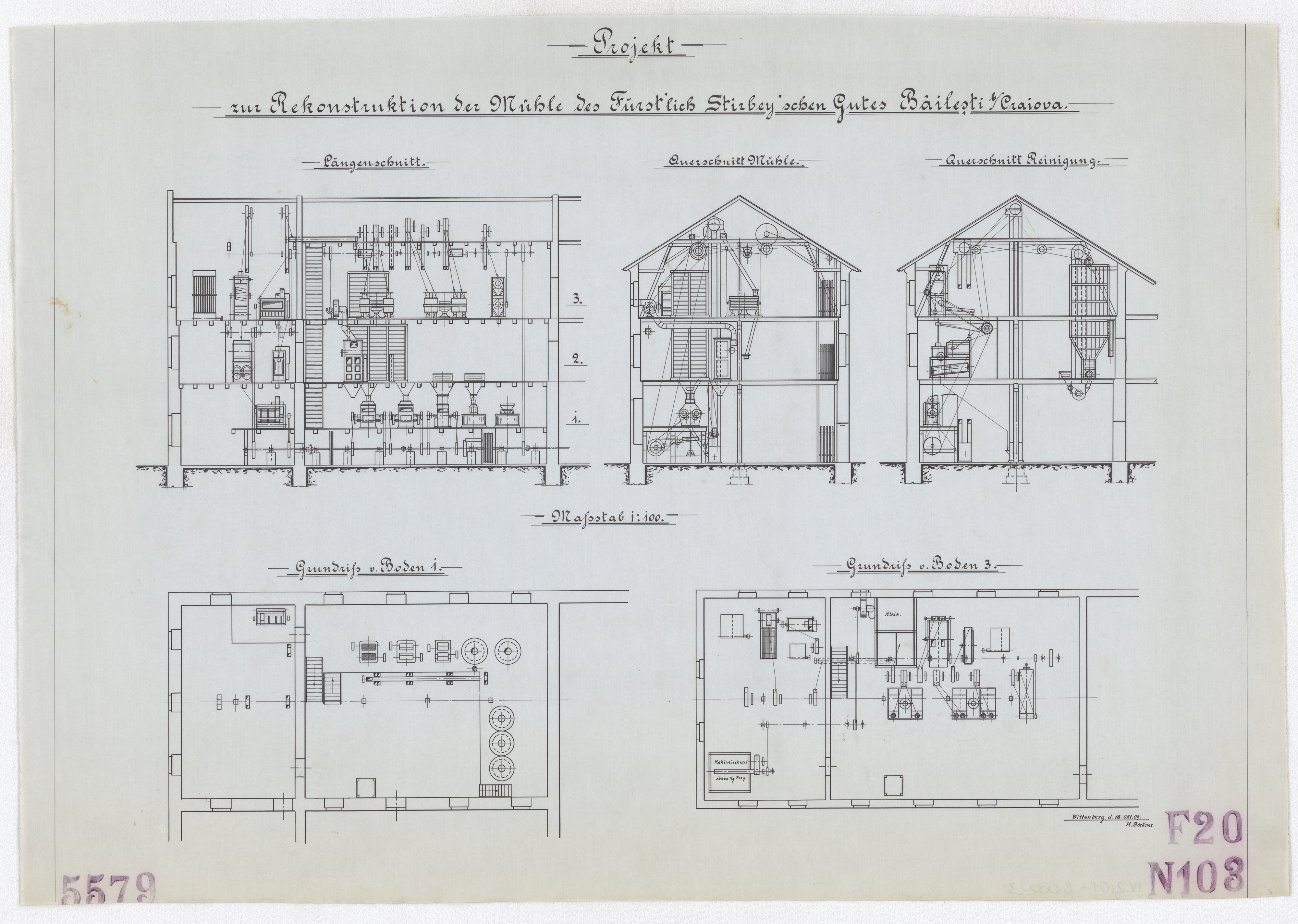 Technische Zeichnung : Projekt zur Rekonstruktion der Mühle des Fürstlich Stirbey´schen Gutes Bailesti bei Craiova (Stiftung Deutsches Technikmuseum Berlin CC BY-SA)