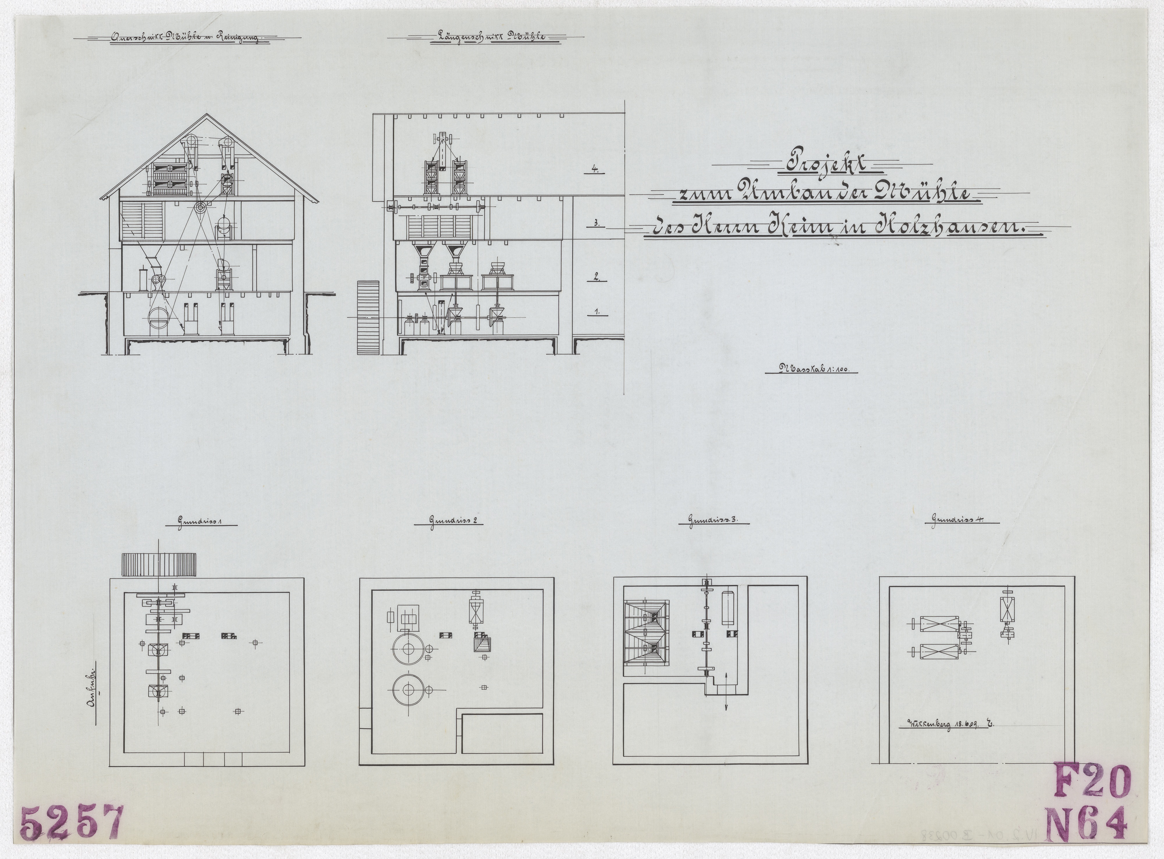 Technische Zeichnung : Projekt zum Umbau der Mühle des Herrn Keim in Holzhausen (Stiftung Deutsches Technikmuseum Berlin CC BY-SA)