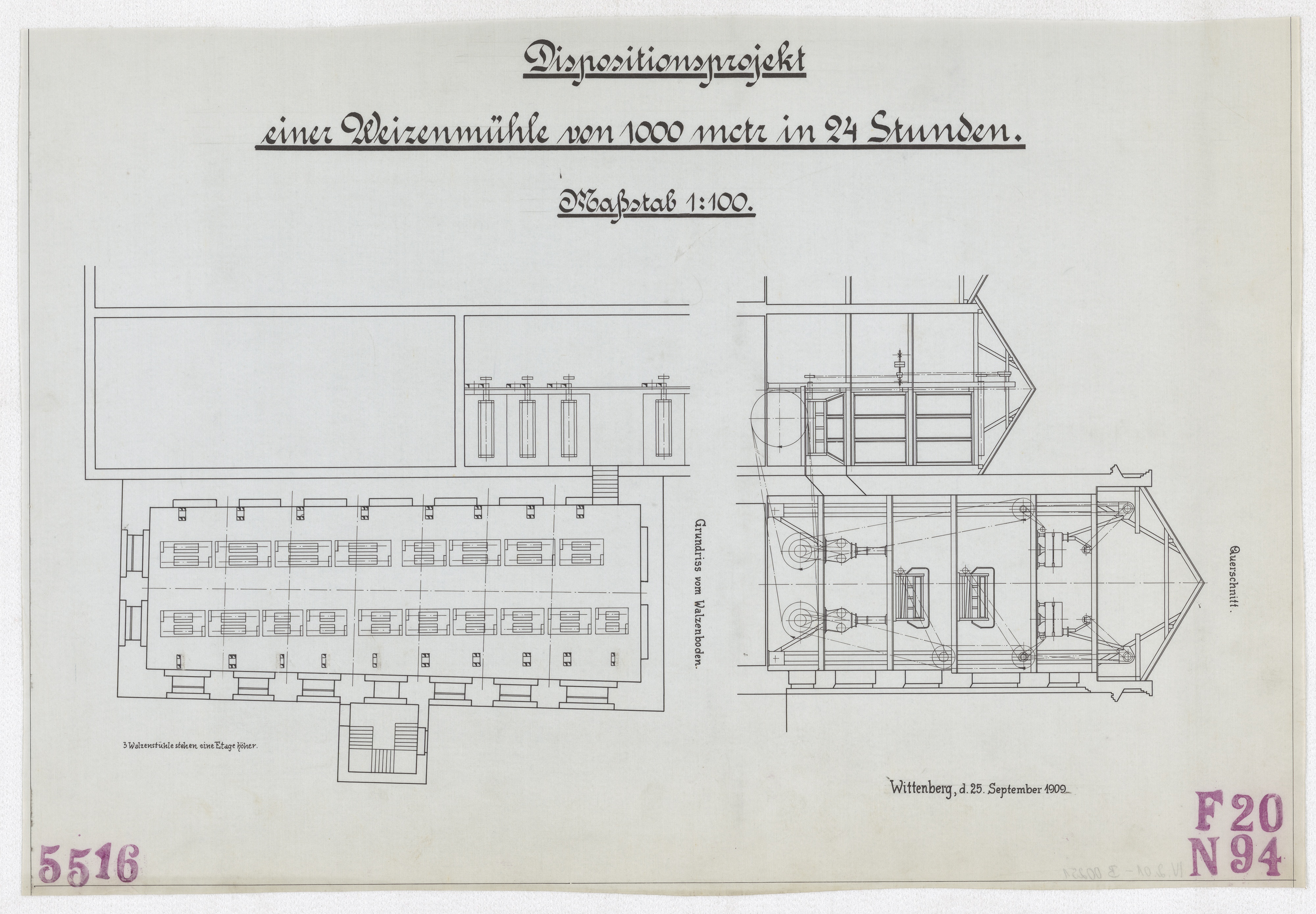Technische Zeichnung : Dispositionsprojekt einer Weizenmühle von 1000 Meterzentner [Doppelzentner] in 24 Stunden (Stiftung Deutsches Technikmuseum Berlin CC BY-SA)