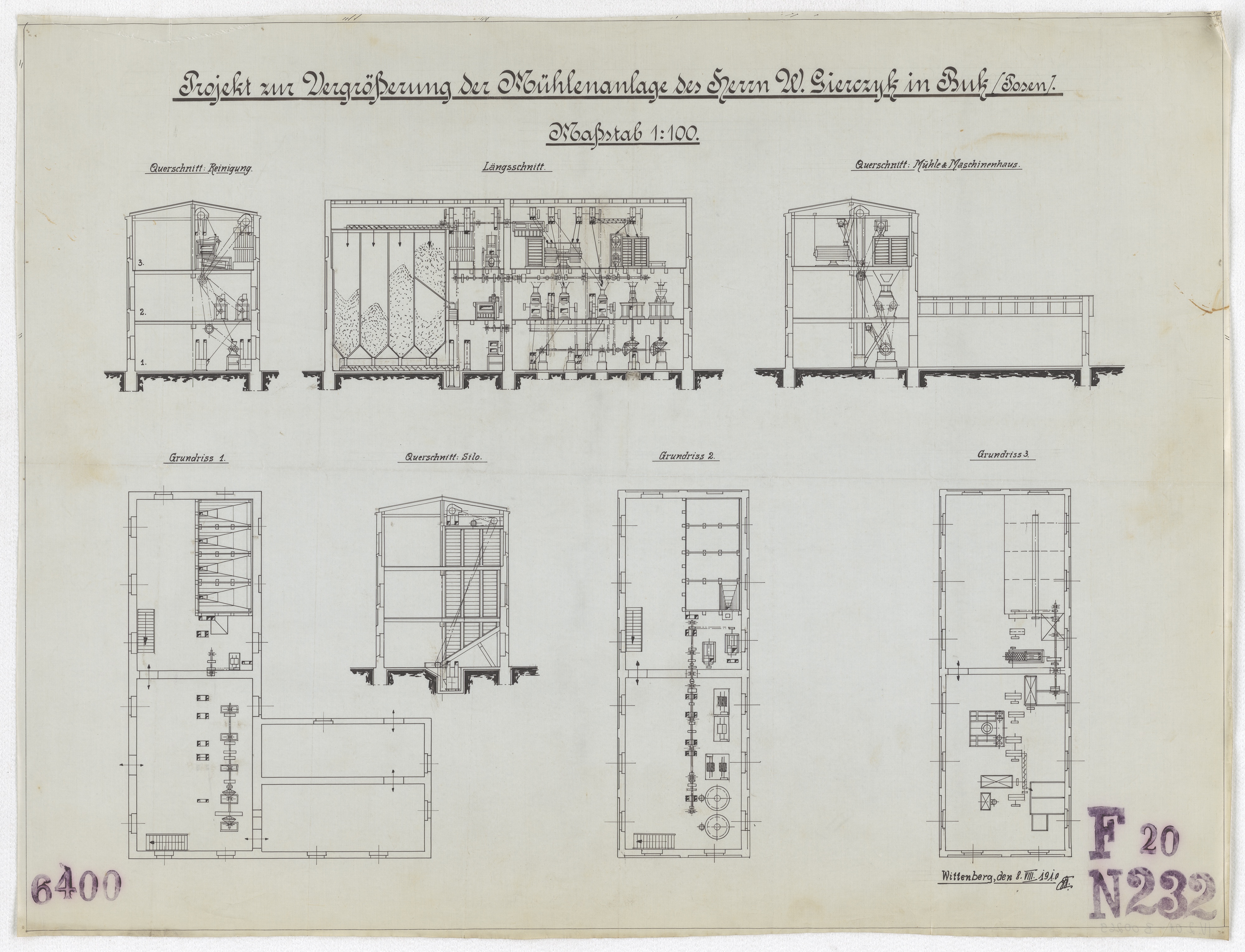 Technische Zeichnung : Projekt zur Vergrößerung der Mühlenanlage des Herrn W. Gierczyk in Buk (Posen) (Stiftung Deutsches Technikmuseum Berlin CC BY-SA)