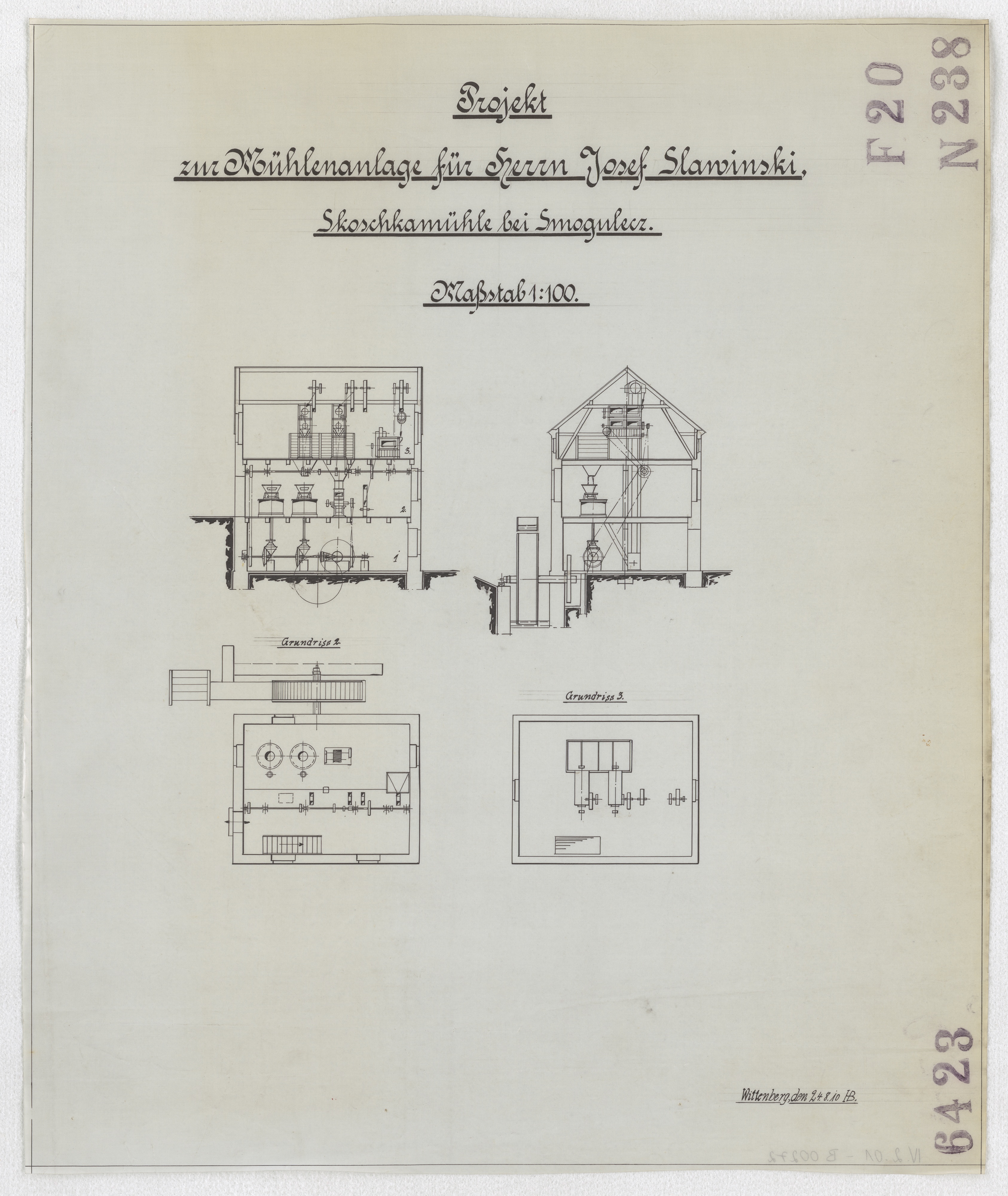 Technische Zeichnung : Projekt zur Mühlenanlage für Herrn Josef Slawinski, Skoschkamühle bei Smogulecz (Stiftung Deutsches Technikmuseum Berlin CC BY-SA)