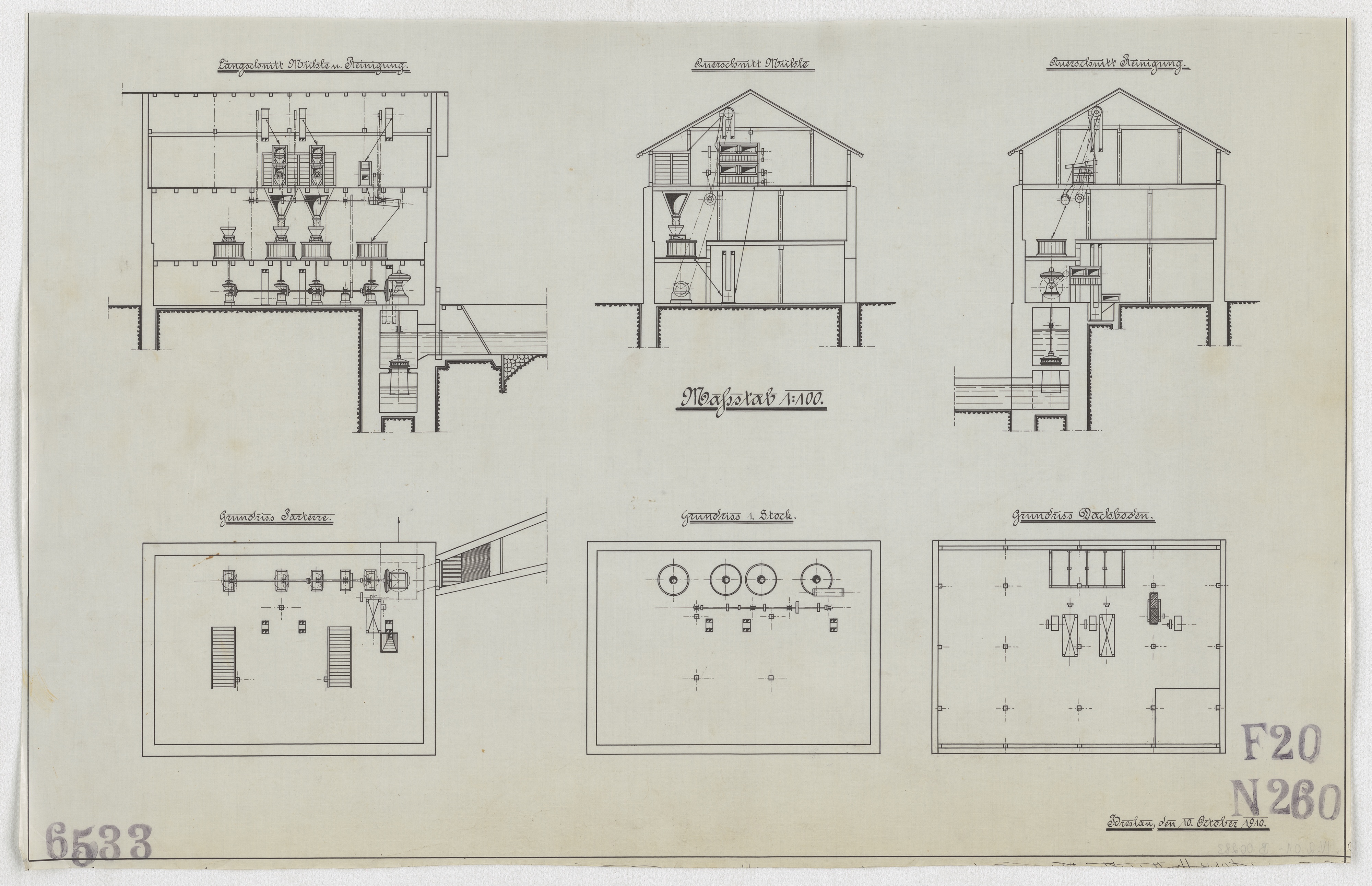 Technische Zeichnung : [Projekt zum Umbau einer Mühle für den Auftraggeber Karl Rimpler in Dembiohammer (Stiftung Deutsches Technikmuseum Berlin CC BY-SA)