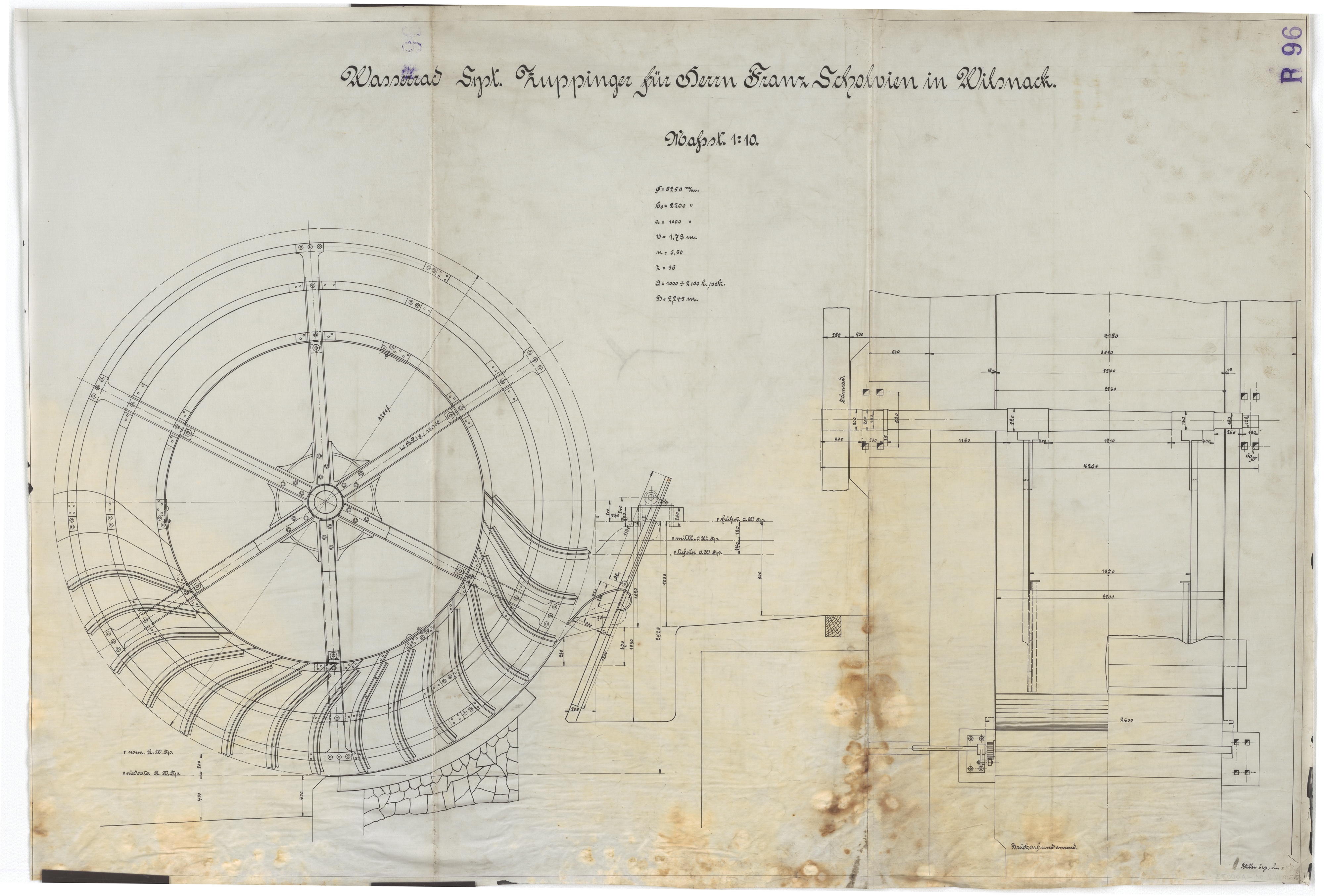 Technische Zeichnung : Wasserrad (System Zuppinger) für Herrn Franz Scholvien in Wilsnack (Stiftung Deutsches Technikmuseum Berlin CC BY-SA)