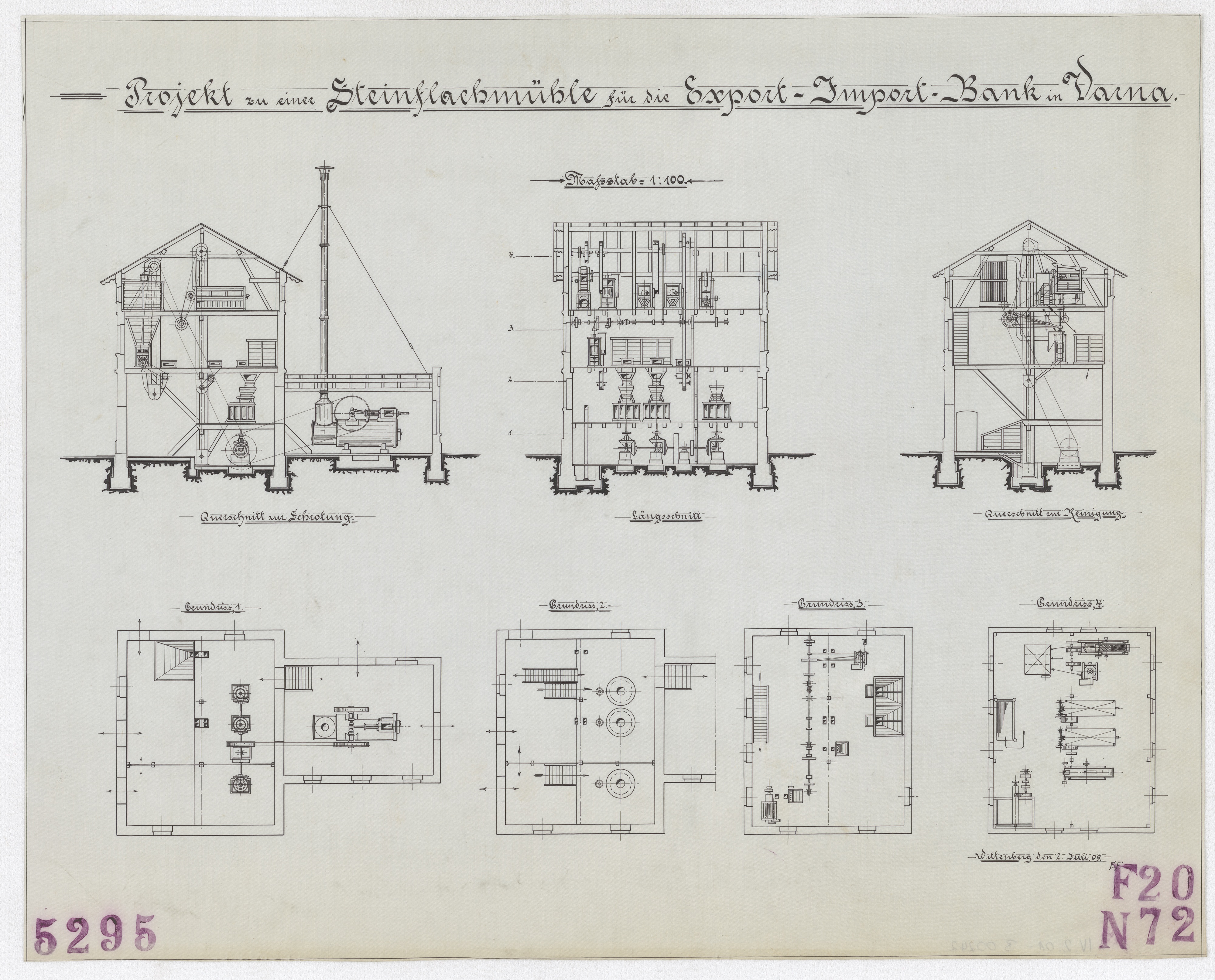 Technische Zeichnung : Projekt zu einer Steinflachmühle für die Export-Import Bank in Warna (Stiftung Deutsches Technikmuseum Berlin CC BY-SA)