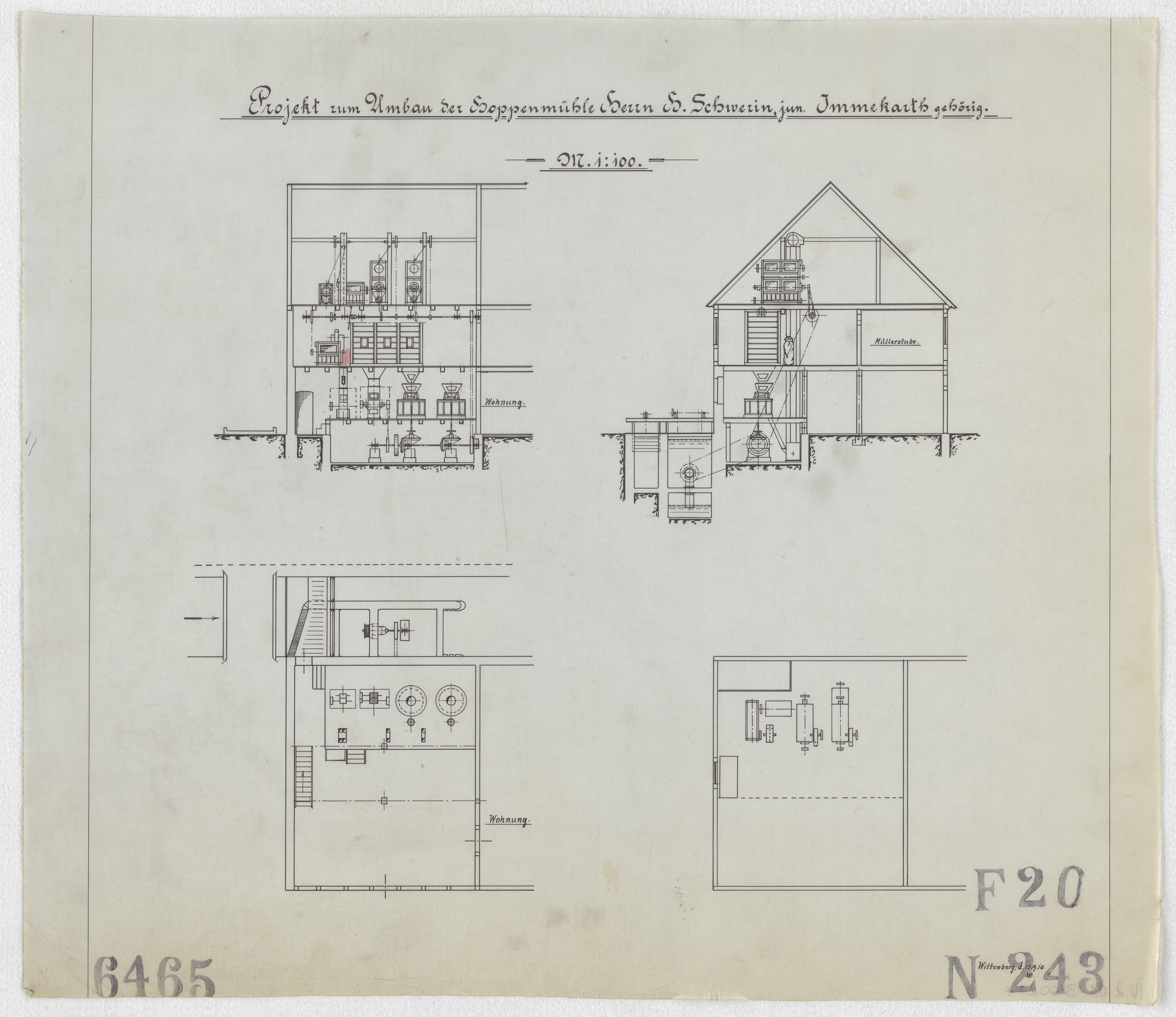 Technische Zeichnung : Projekt zum Umbau der Hoppenmühle [des] Herrn H. Schwerin  junior[,] Immekath gehörig (Stiftung Deutsches Technikmuseum Berlin CC BY-SA)