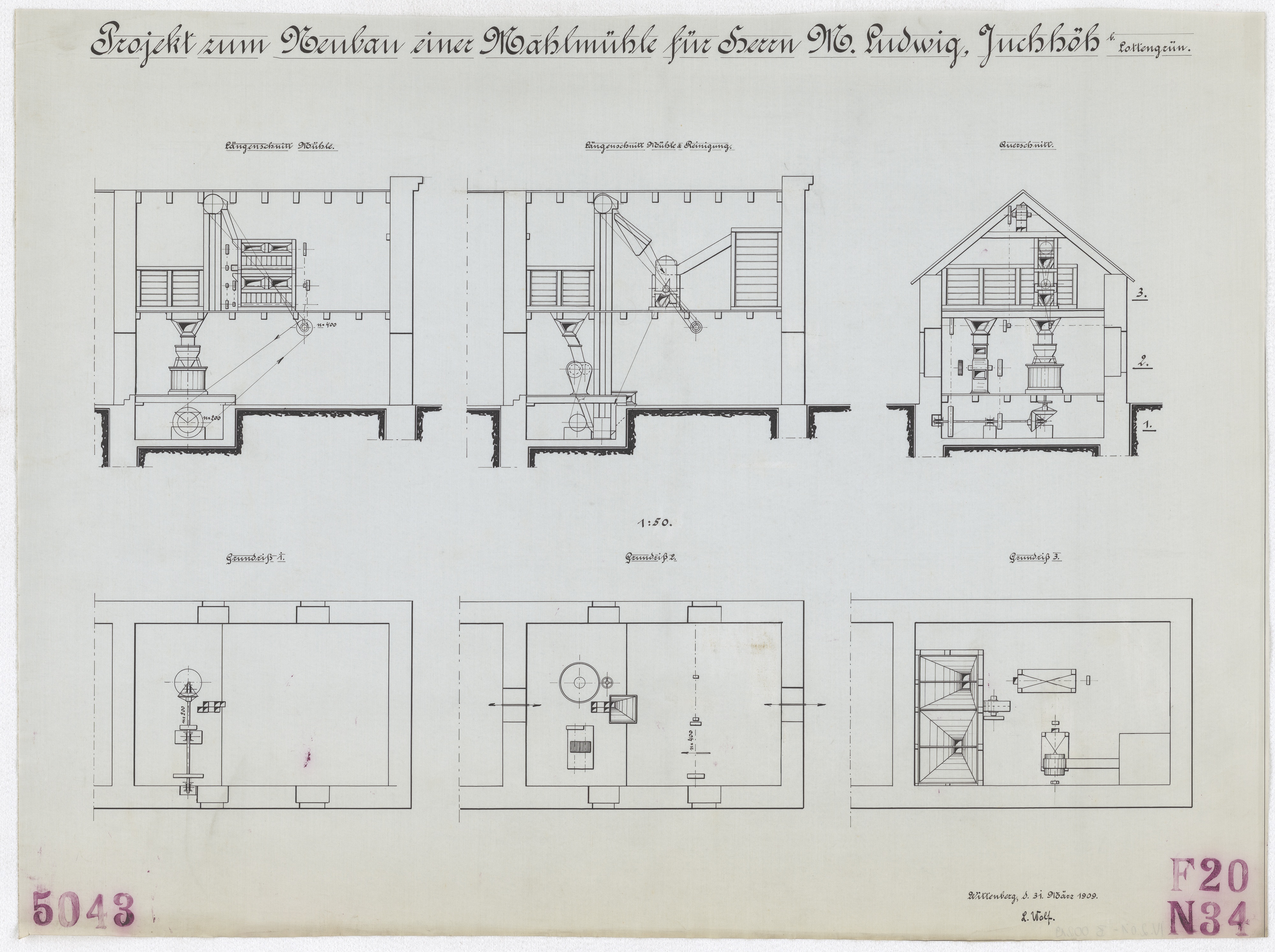 Technische Zeichnung : Projekt zum Neubau einer Mahlmühle für Herrn Max Ludwig, Juchhöh bei Lottengrün (Stiftung Deutsches Technikmuseum Berlin CC BY-SA)