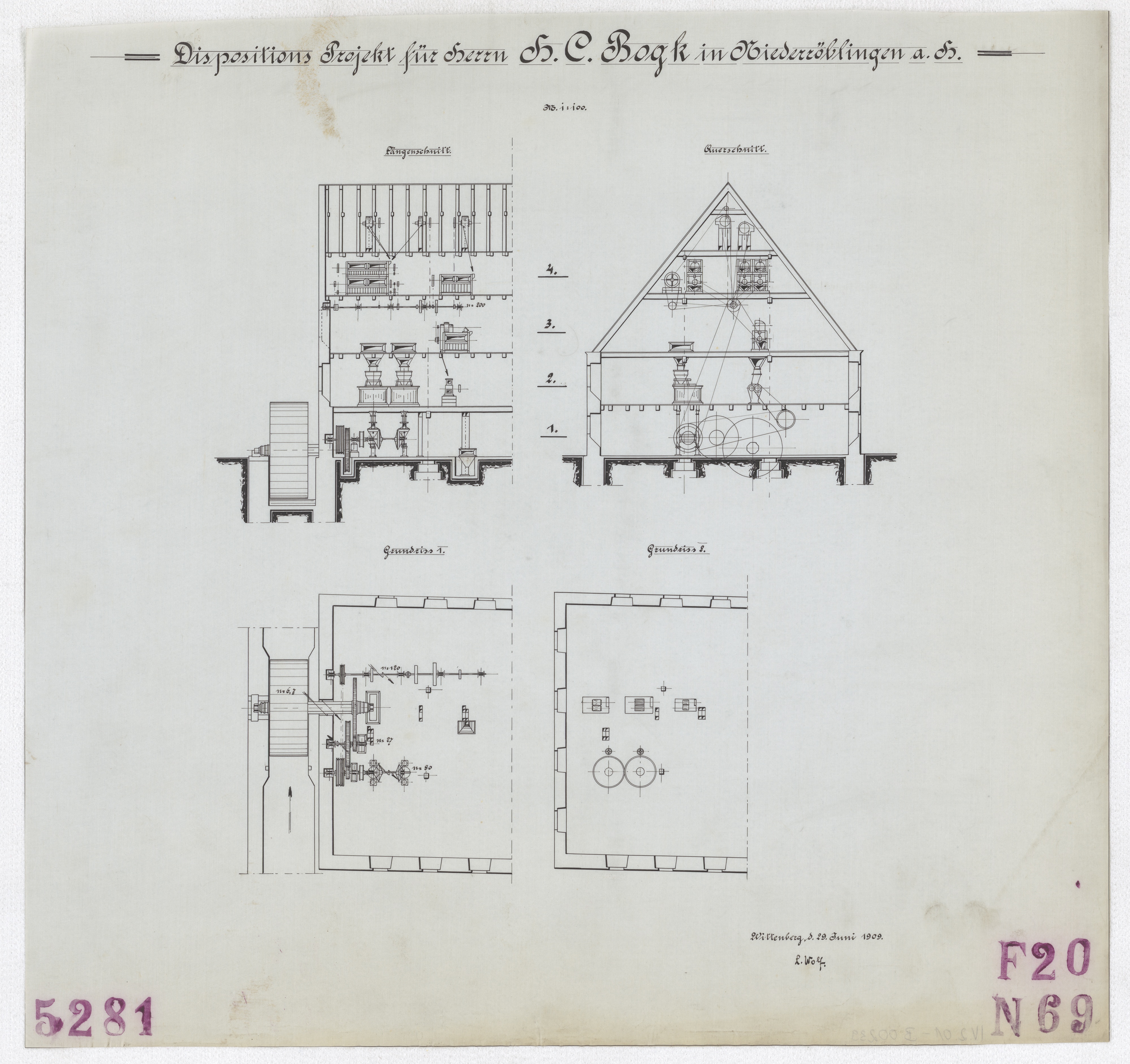 Technische Zeichnung : Dispositions[-]Projekt für Herrn H. C. Bogk in Niederröblingen an der Helme (Stiftung Deutsches Technikmuseum Berlin CC BY-SA)