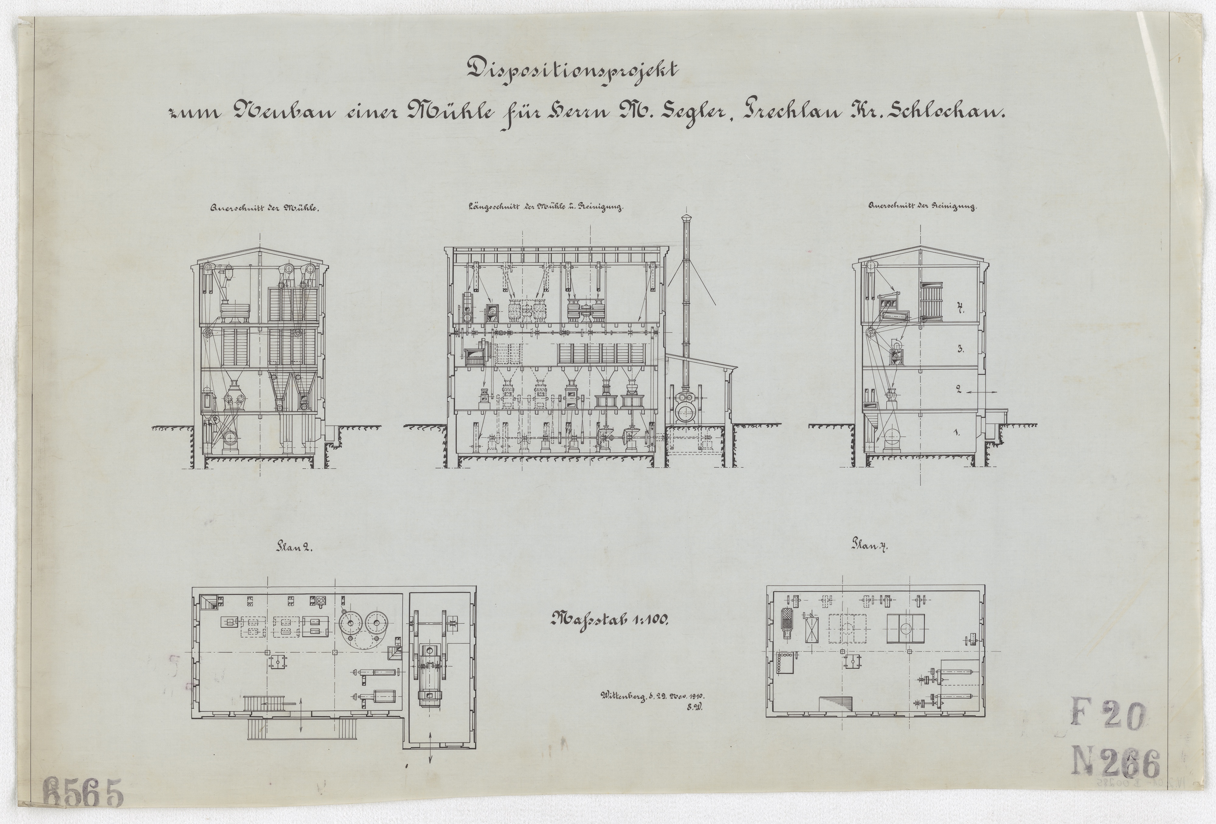 Technische Zeichnung : Dispositionsprojekt zum Neubau einer Mühle für Herrn Max Segler, Prechlau Kreis Schlochau (Stiftung Deutsches Technikmuseum Berlin CC BY-SA)