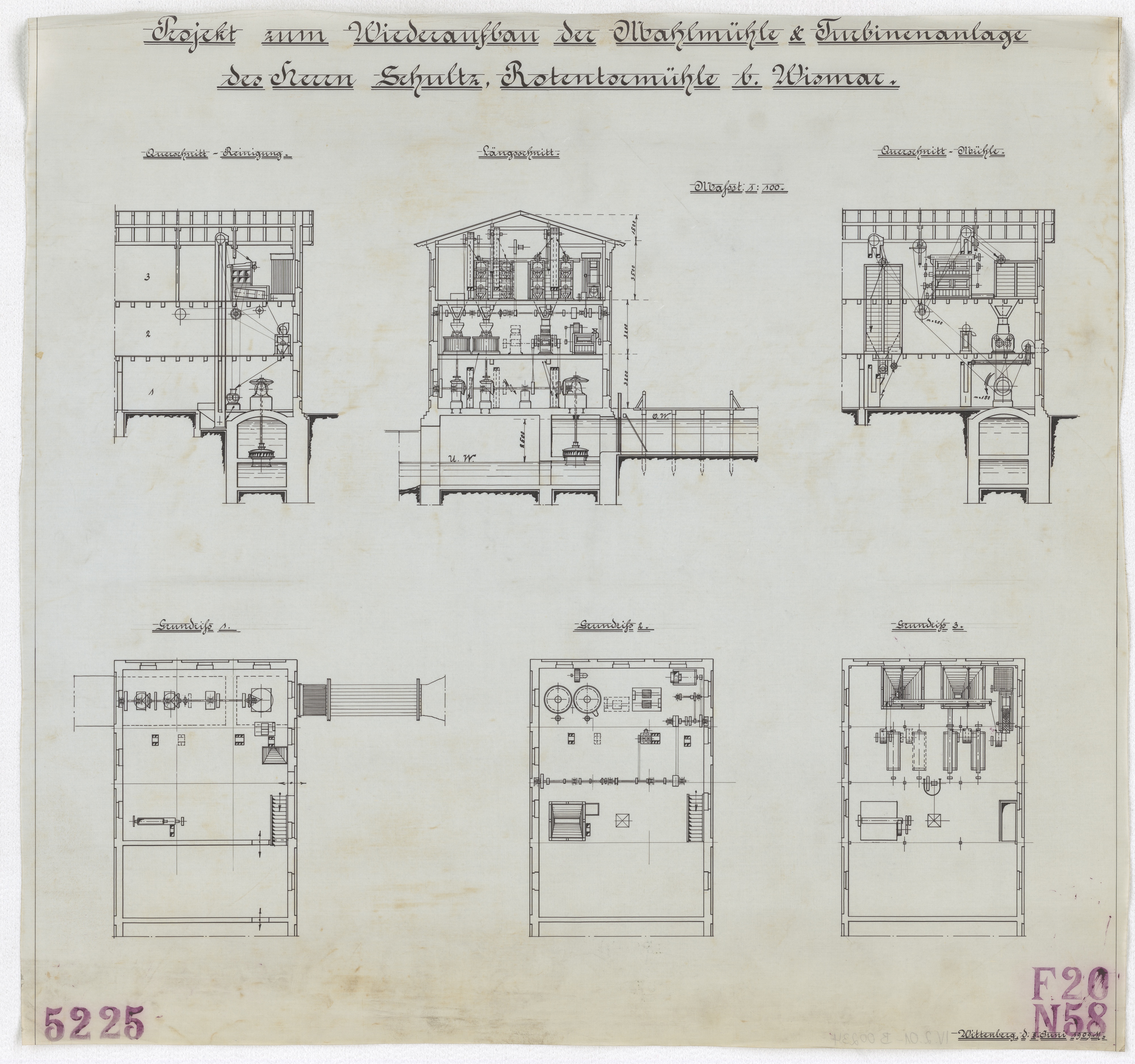 Technische Zeichnung : Projekt zum Wiederaufbau der Mahlmühle und Turbinenanlage des Herrn Schultz, Rothentormühle bei Wismar (Stiftung Deutsches Technikmuseum Berlin CC BY-SA)