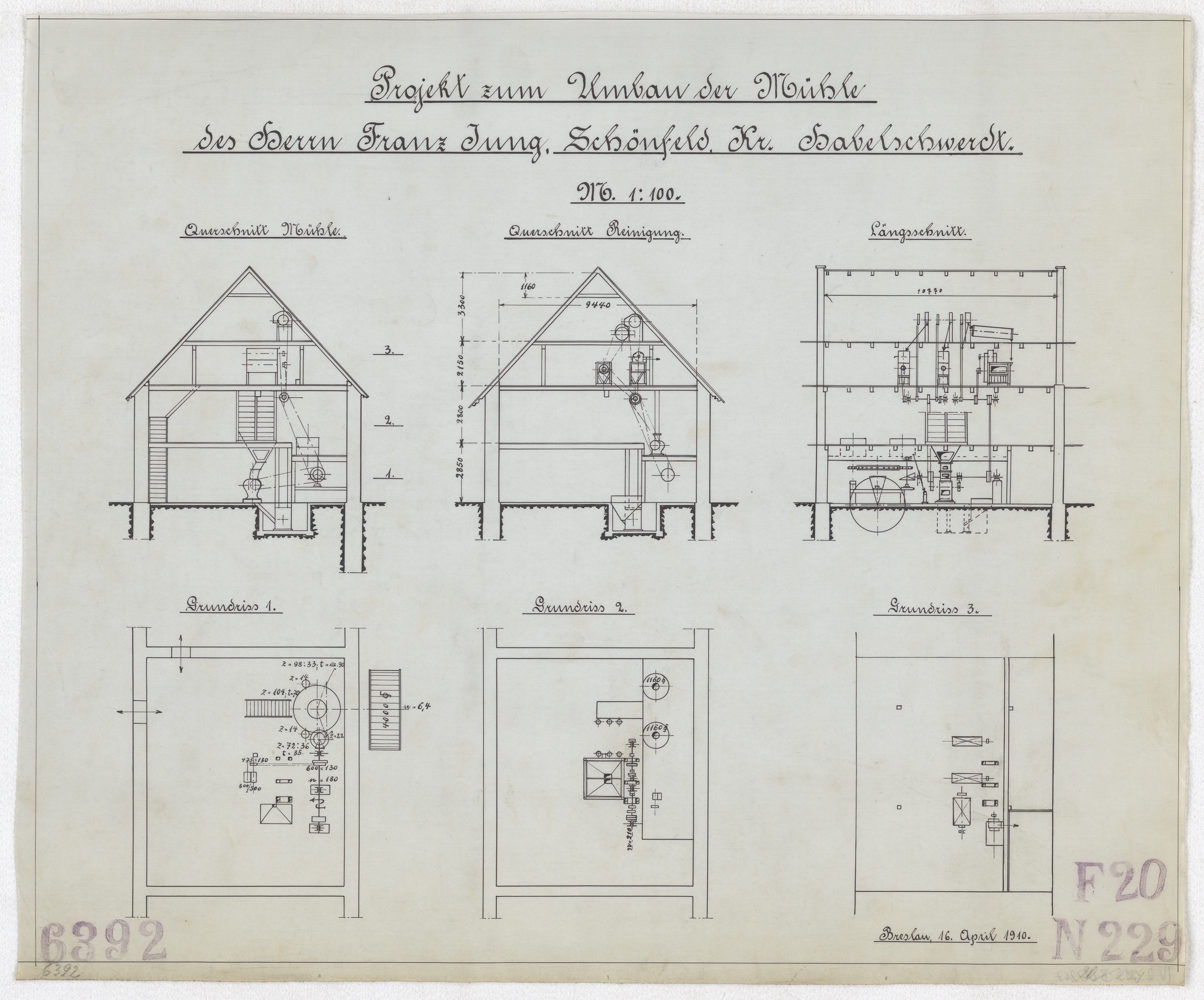 Technische Zeichnung : Projekt zum Umbau der Mühle des Herrn Franz Jung, Schönfeld, Kreis Habelschwerdt (Stiftung Deutsches Technikmuseum Berlin CC BY-SA)