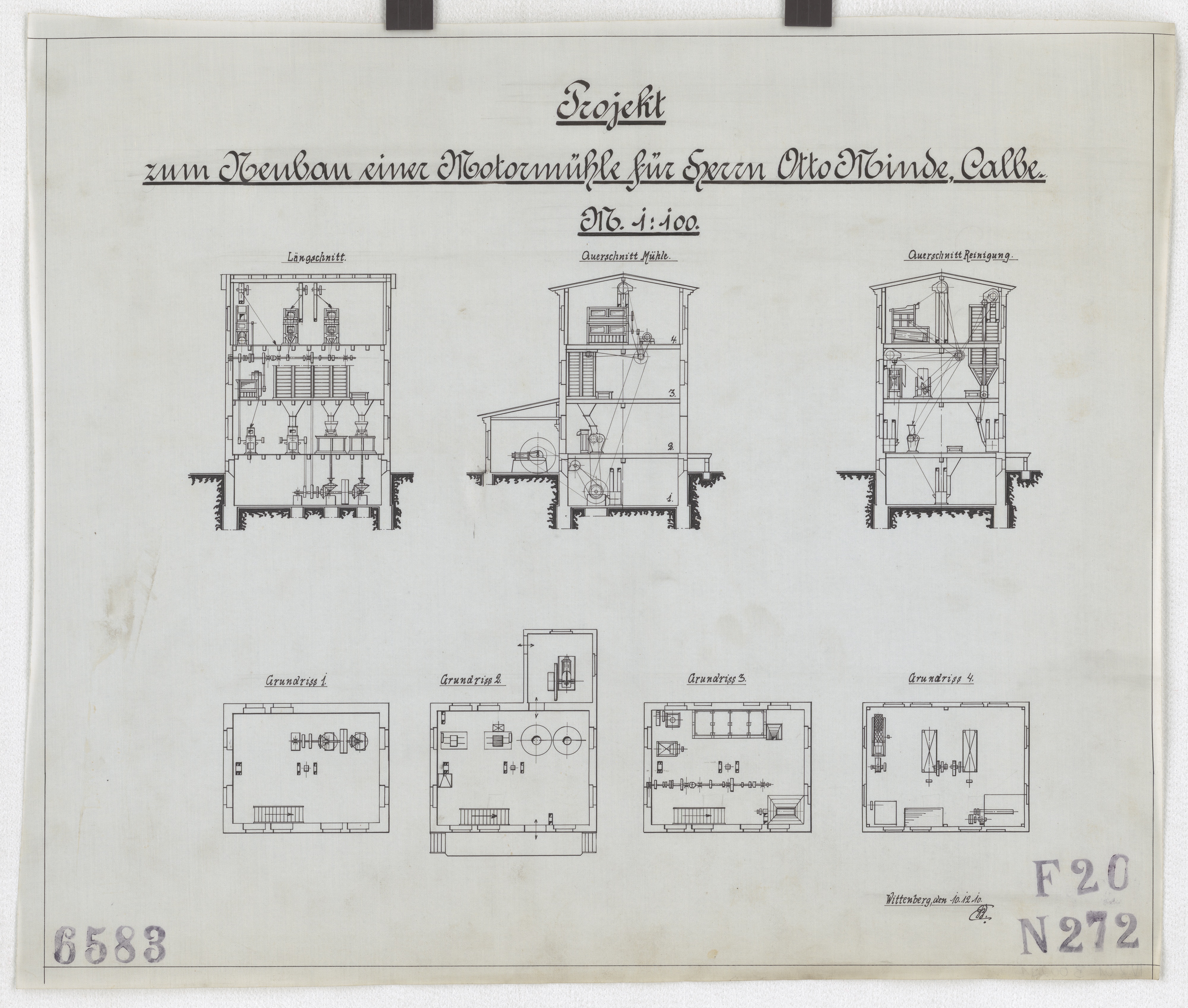 Technische Zeichnung : Projekt zum Neubau einer Motormühle für Herrn Otto Minde, Calbe (Stiftung Deutsches Technikmuseum Berlin CC BY-SA)