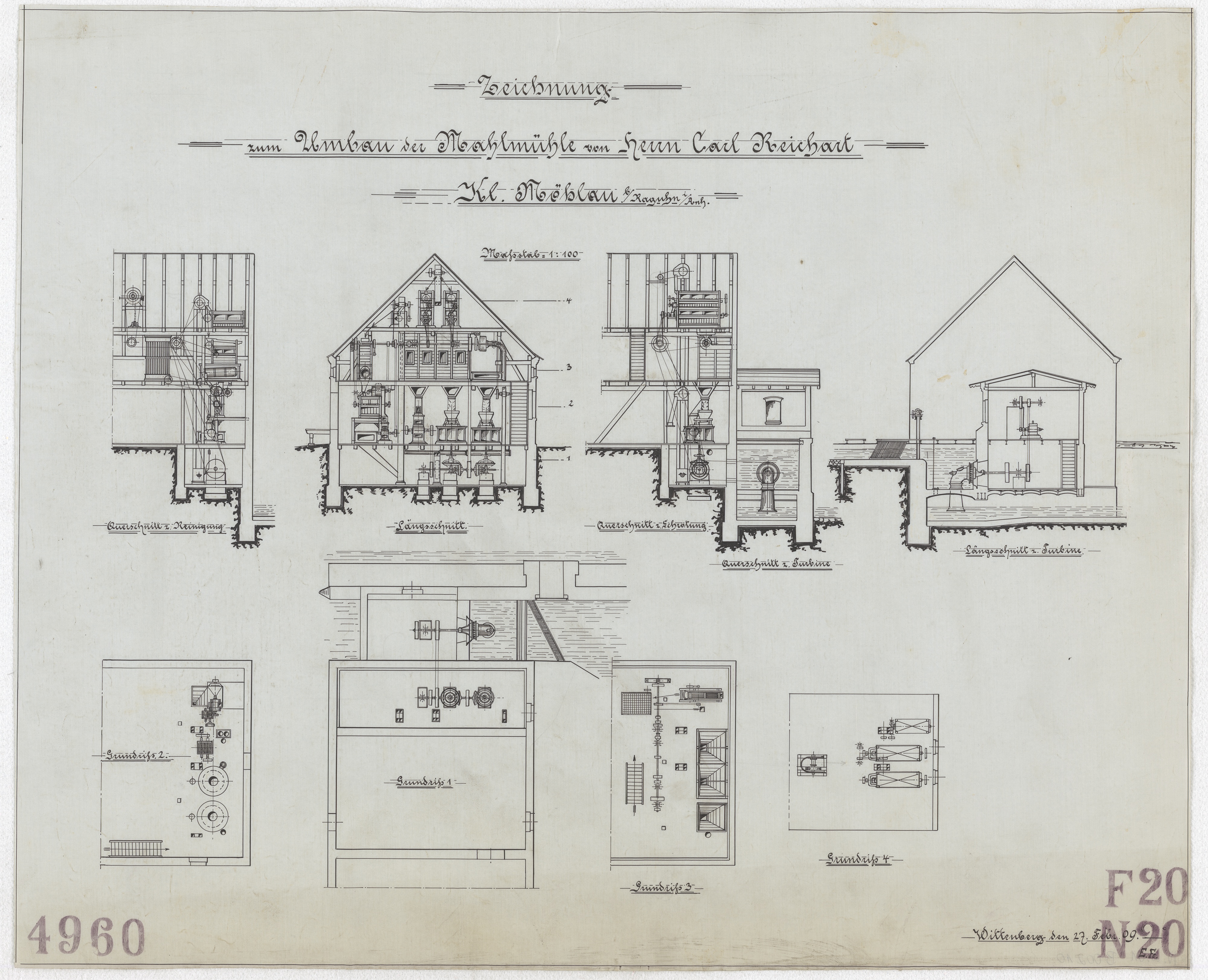 Technische Zeichnung : Zeichnung zum Umbau der Mahlmühle von Herrn Carl Reichart, Kleinmöhlau bei Raguhn in Anhalt (Stiftung Deutsches Technikmuseum Berlin CC BY-SA)