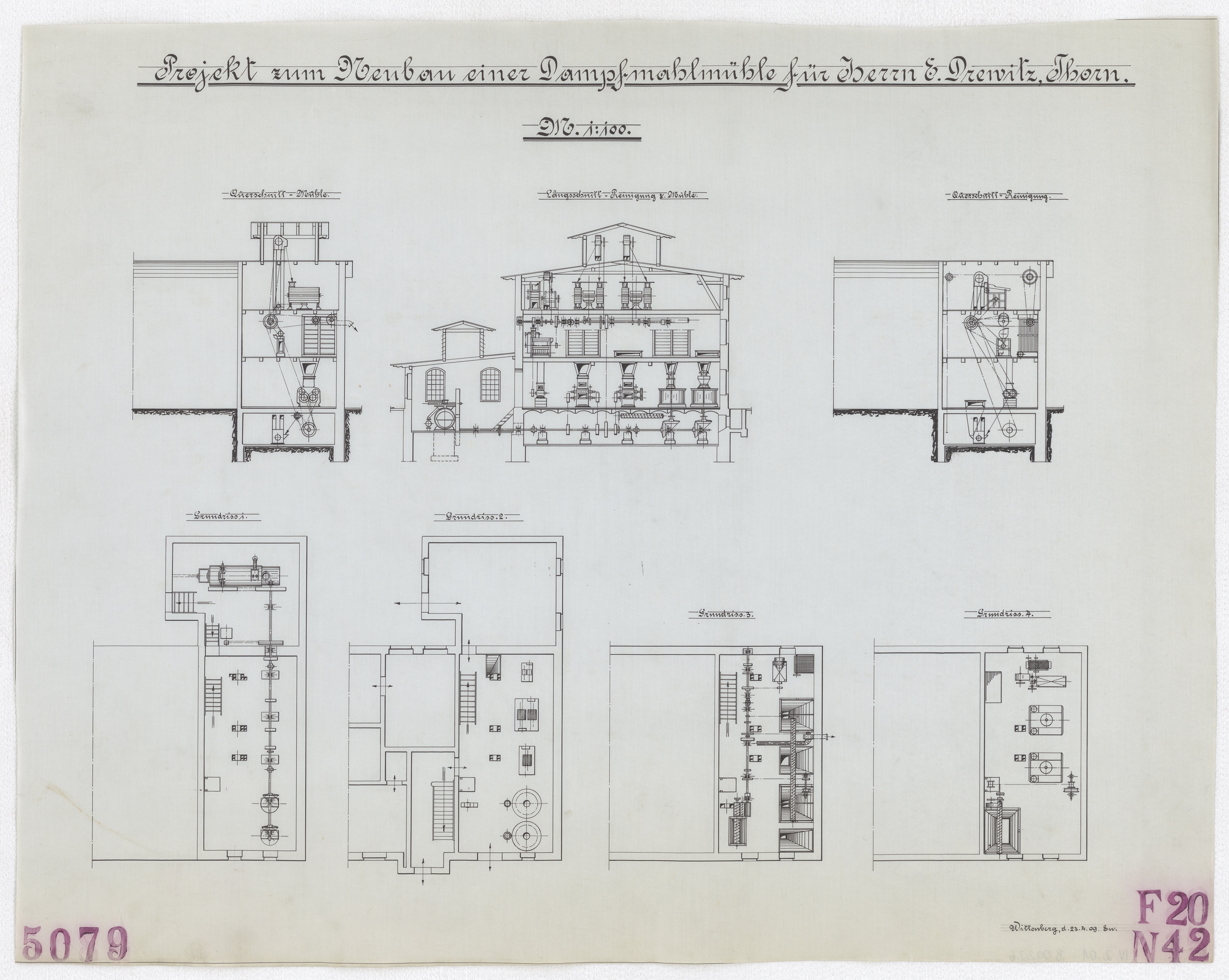 Technische Zeichnung : Projekt zum Neubau einer Dampfmahlmühle für Herrn E. Drewitz, Thorn (Stiftung Deutsches Technikmuseum Berlin CC BY-SA)