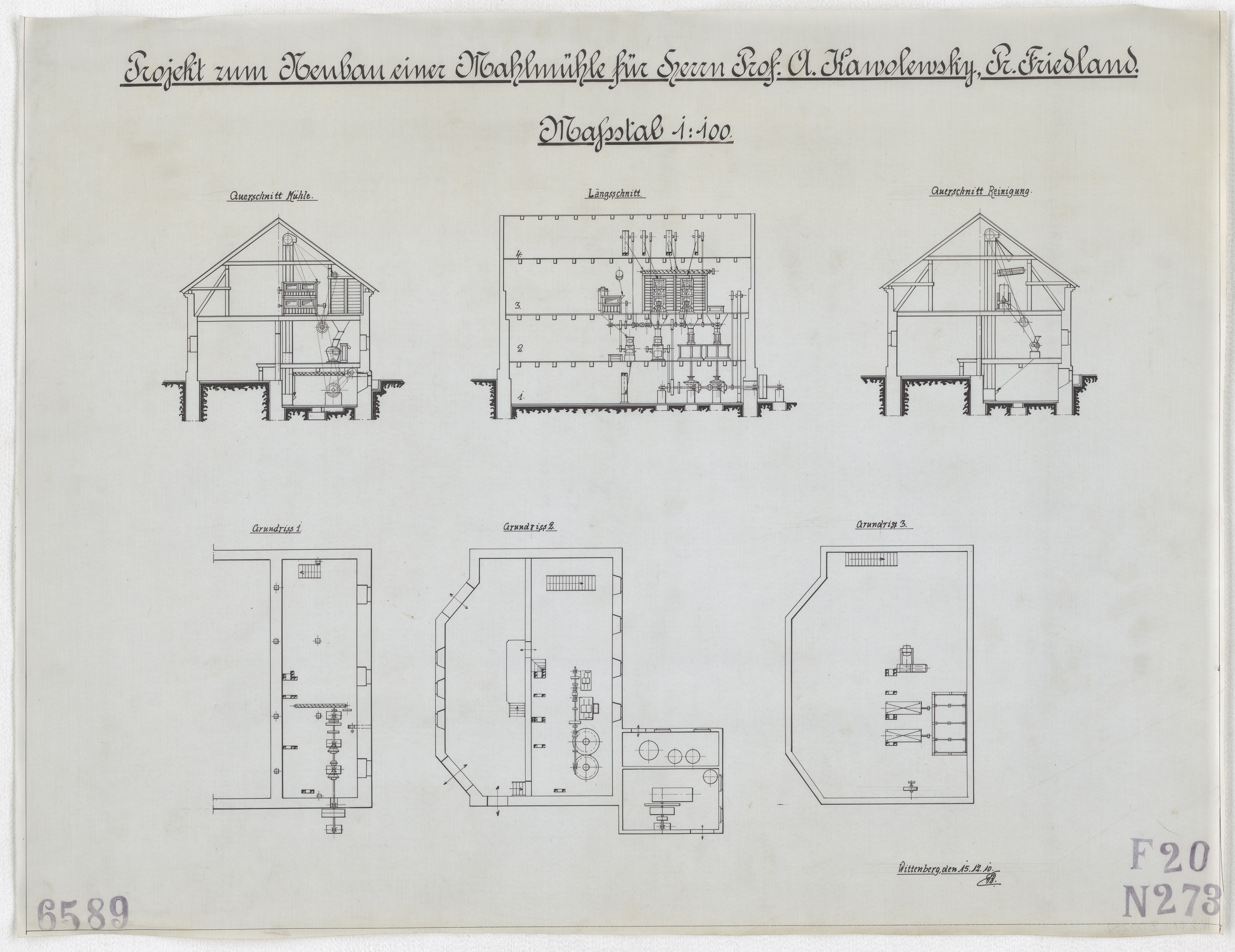 Technische Zeichnung : Projekt zum Neubau einer Mahlmühle für Herrn Prof. A. Kawolewsky, Preußisch Friedland (Stiftung Deutsches Technikmuseum Berlin CC BY-SA)