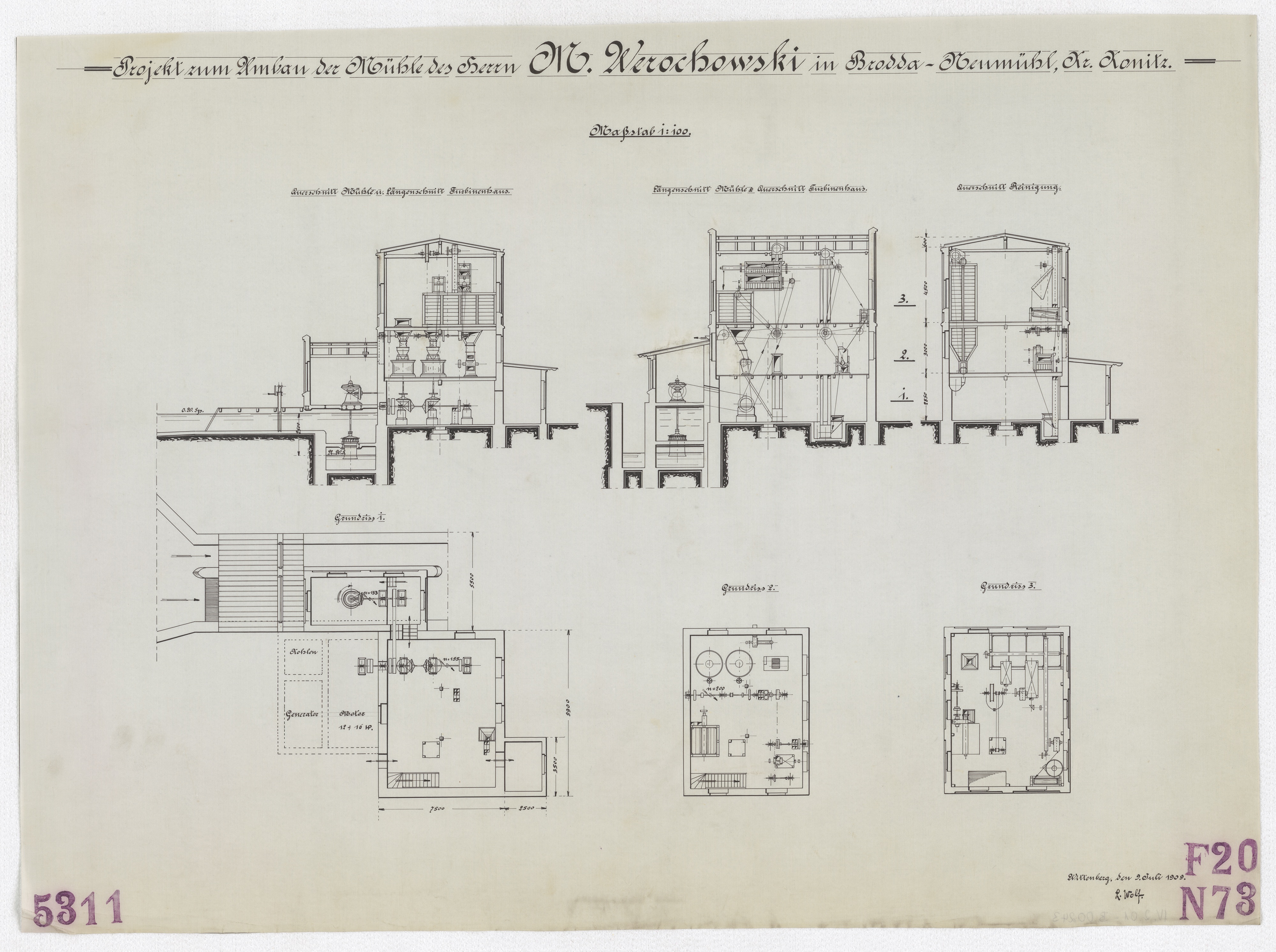 Technische Zeichnung : Projekt zum Umbau der Mühle des Herrn M. Werochowski in Brodda-Neumühl, Kreis Konitz (Stiftung Deutsches Technikmuseum Berlin CC BY-SA)