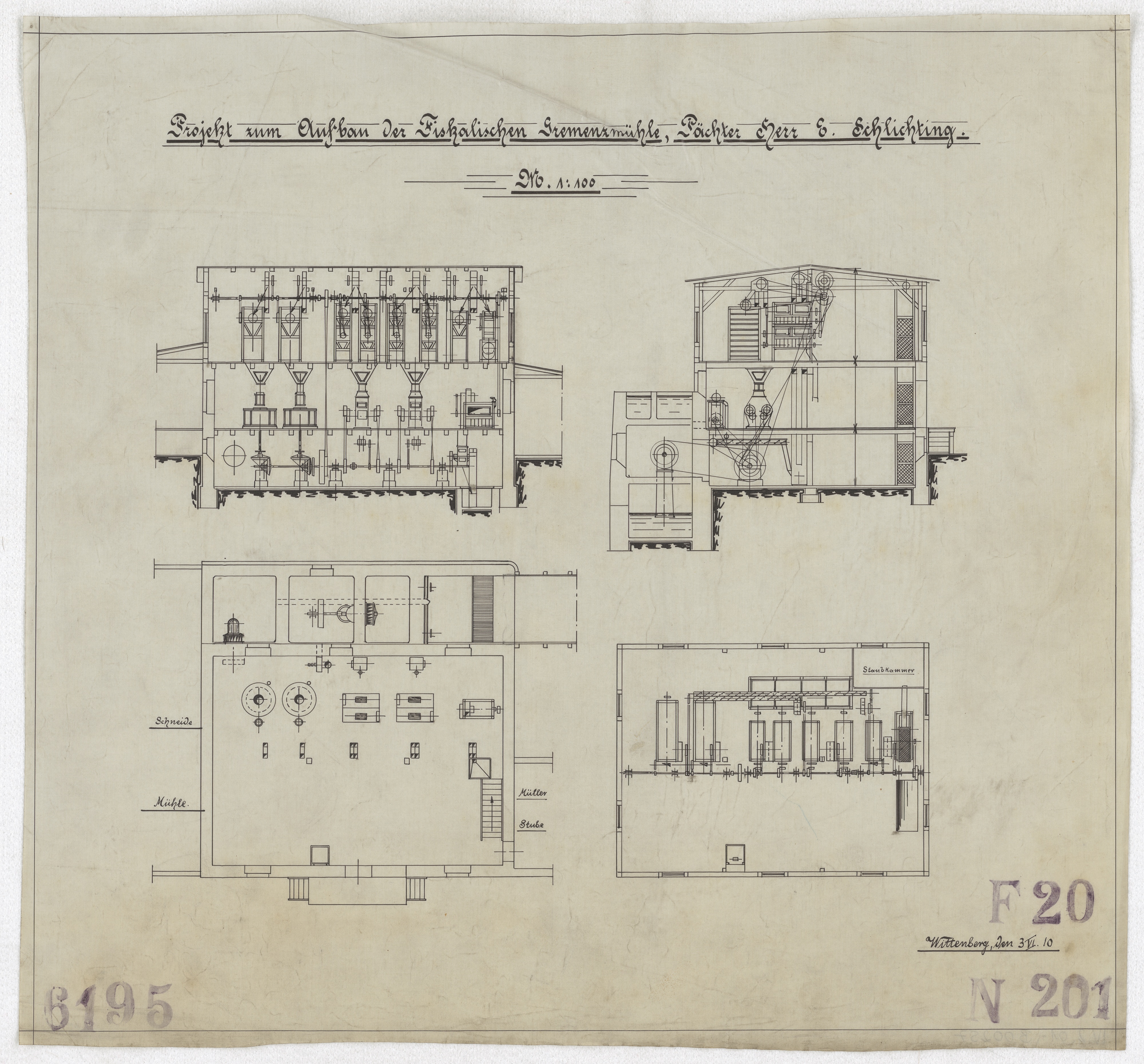 Technische Zeichnung : Projekt zum Aufbau der Fiskalischen Gremenzmühle, Pächter E. Schlichting (Stiftung Deutsches Technikmuseum Berlin CC BY-SA)