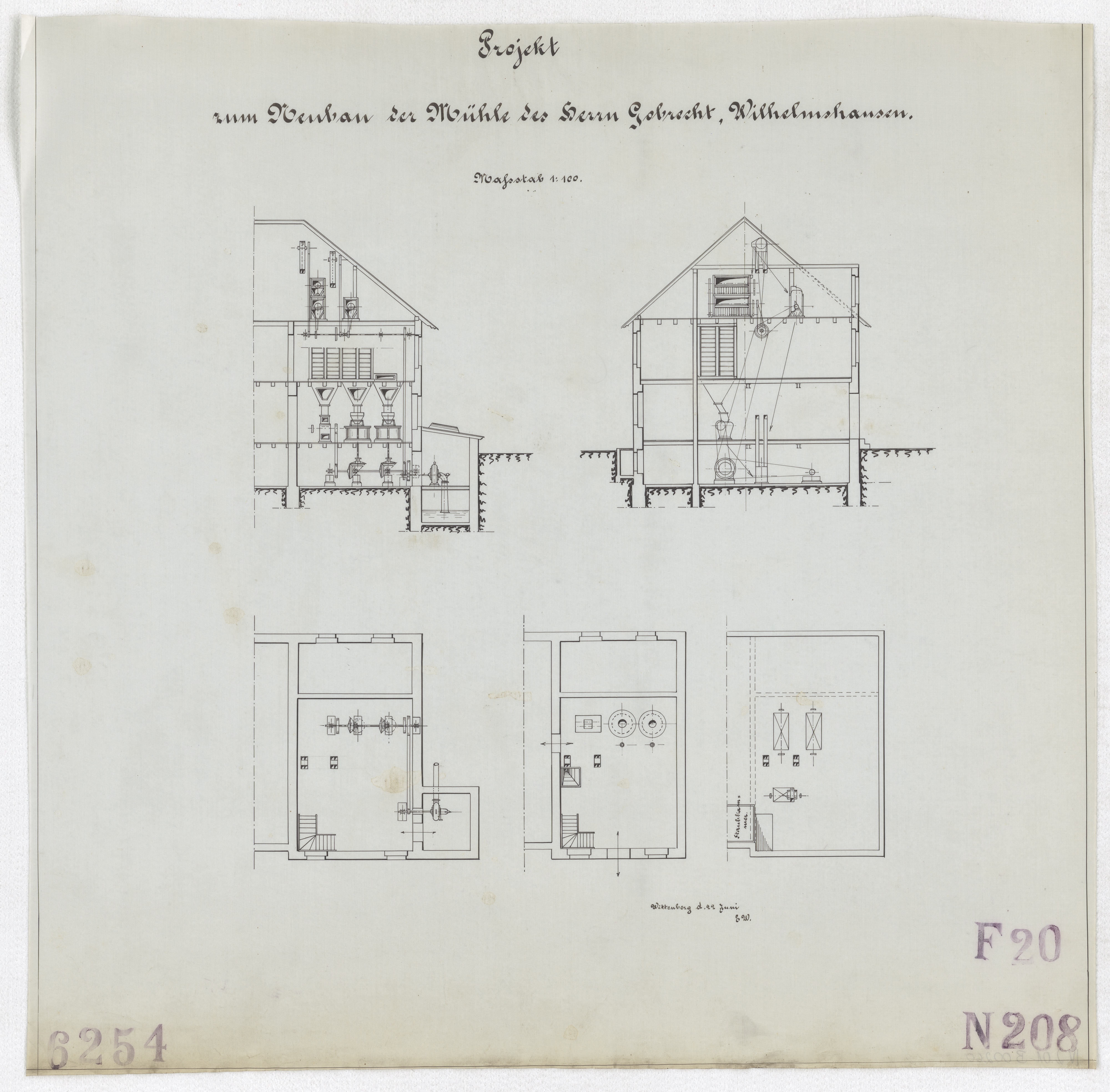 Technische Zeichnung : Projekt zum Neubau der Mühle des Herrn A. Gobrecht, Wilhelmshausen (Stiftung Deutsches Technikmuseum Berlin CC BY-SA)
