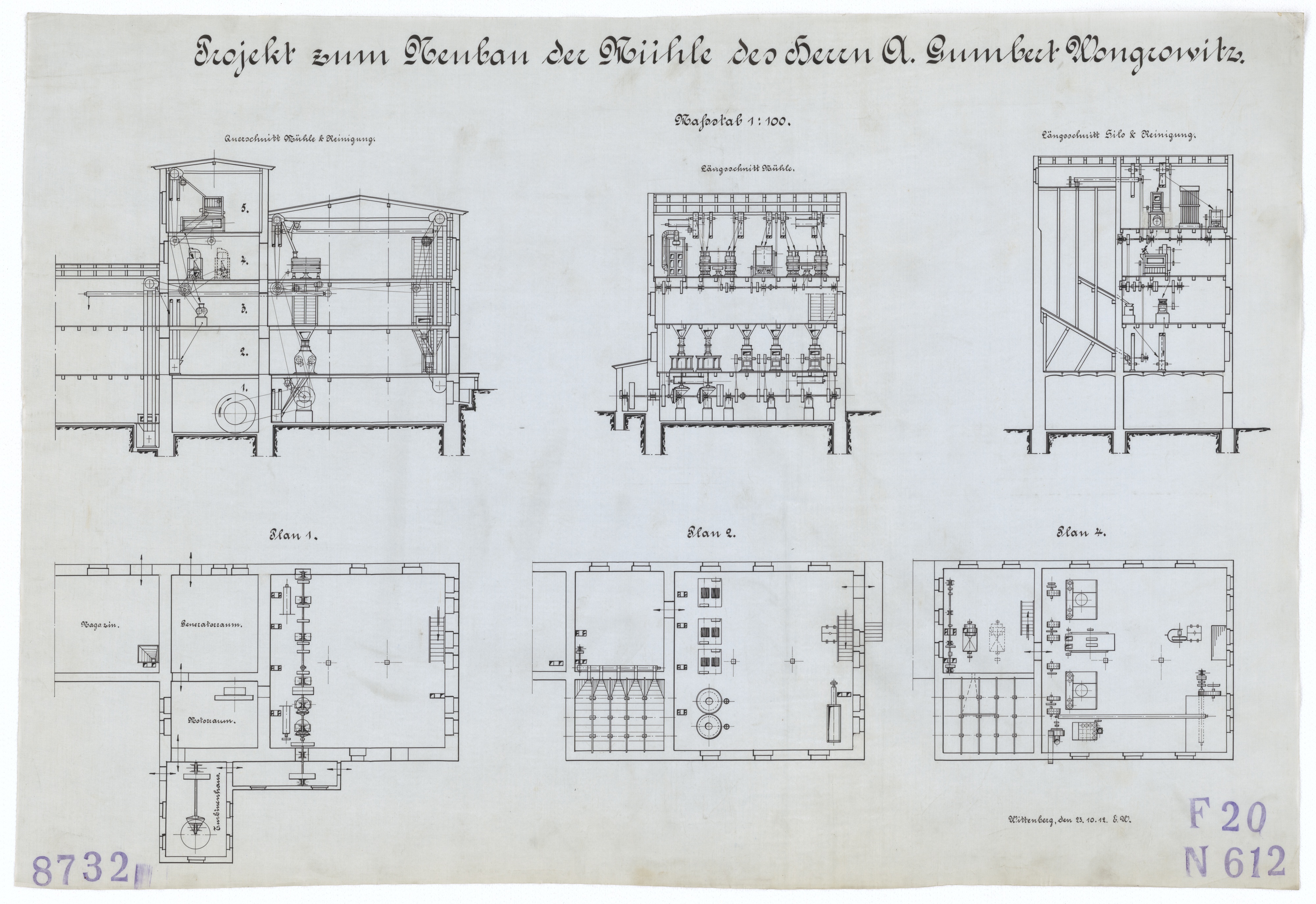 Technische Zeichnung : Projekt zum Neubau der Mühle des Herrn A. Gumbert[,] Wongrowitz (Stiftung Deutsches Technikmuseum Berlin CC BY-SA)