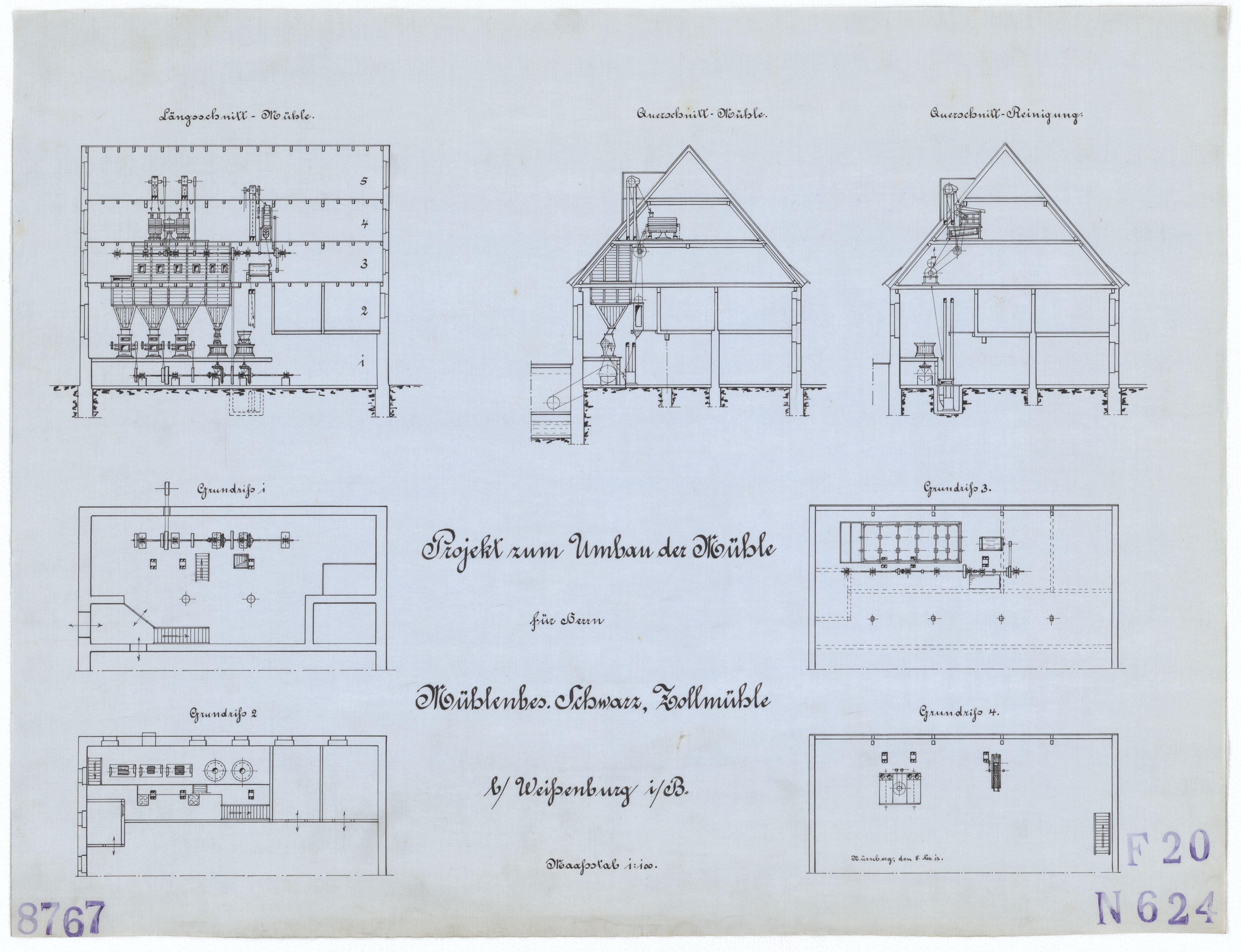 Technische Zeichnung : Projekt zum Umbau der Mühle für Herrn Mühlenbesitzer Schwarz, Zollmühle bei Weißenburg in Bayern (Stiftung Deutsches Technikmuseum Berlin CC BY-SA)