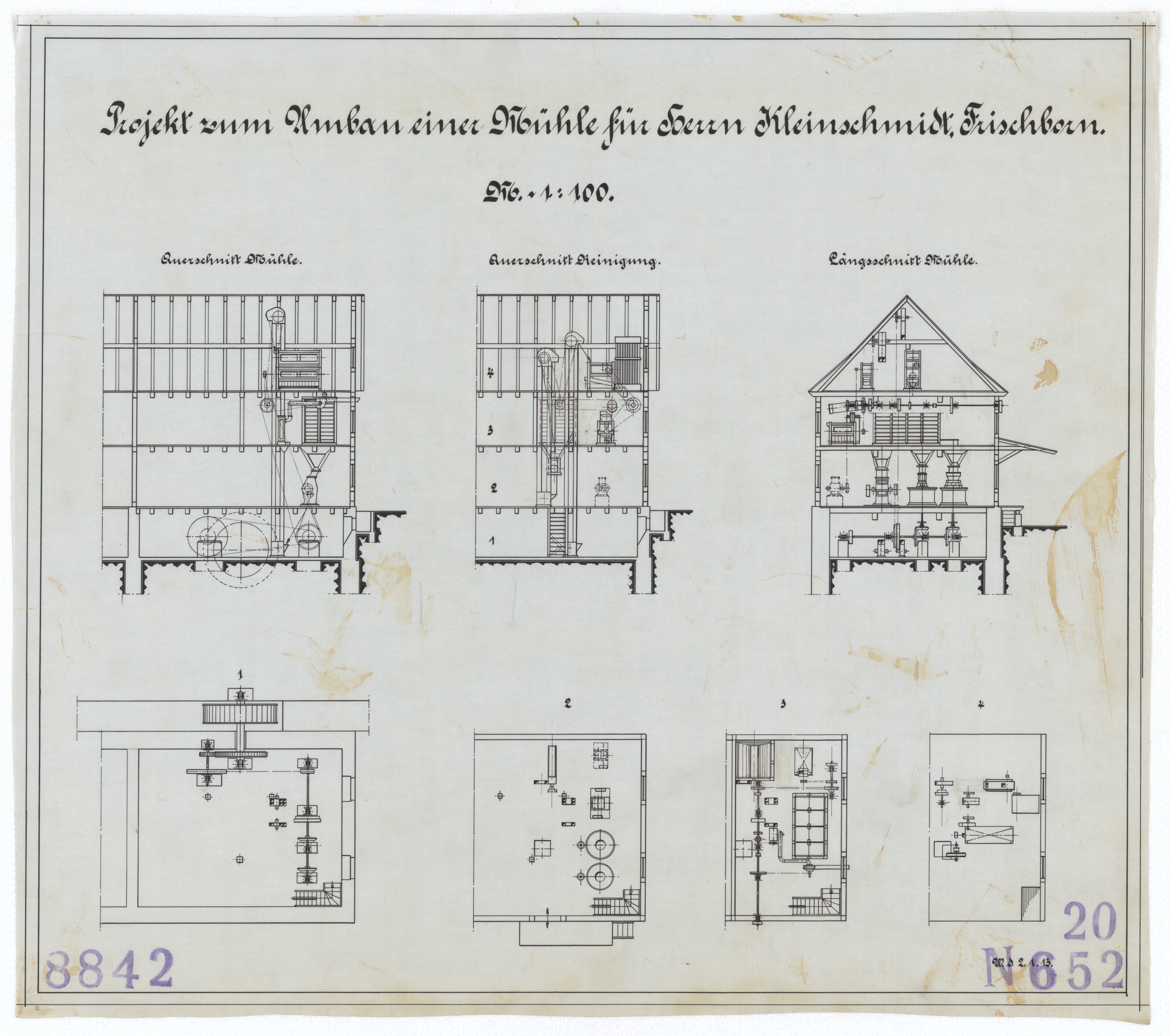 Technische Zeichnung : Projekt zum Umbau einer Mühle für Herrn H. Kleinschmidt, Frischborn (Stiftung Deutsches Technikmuseum Berlin CC BY-SA)