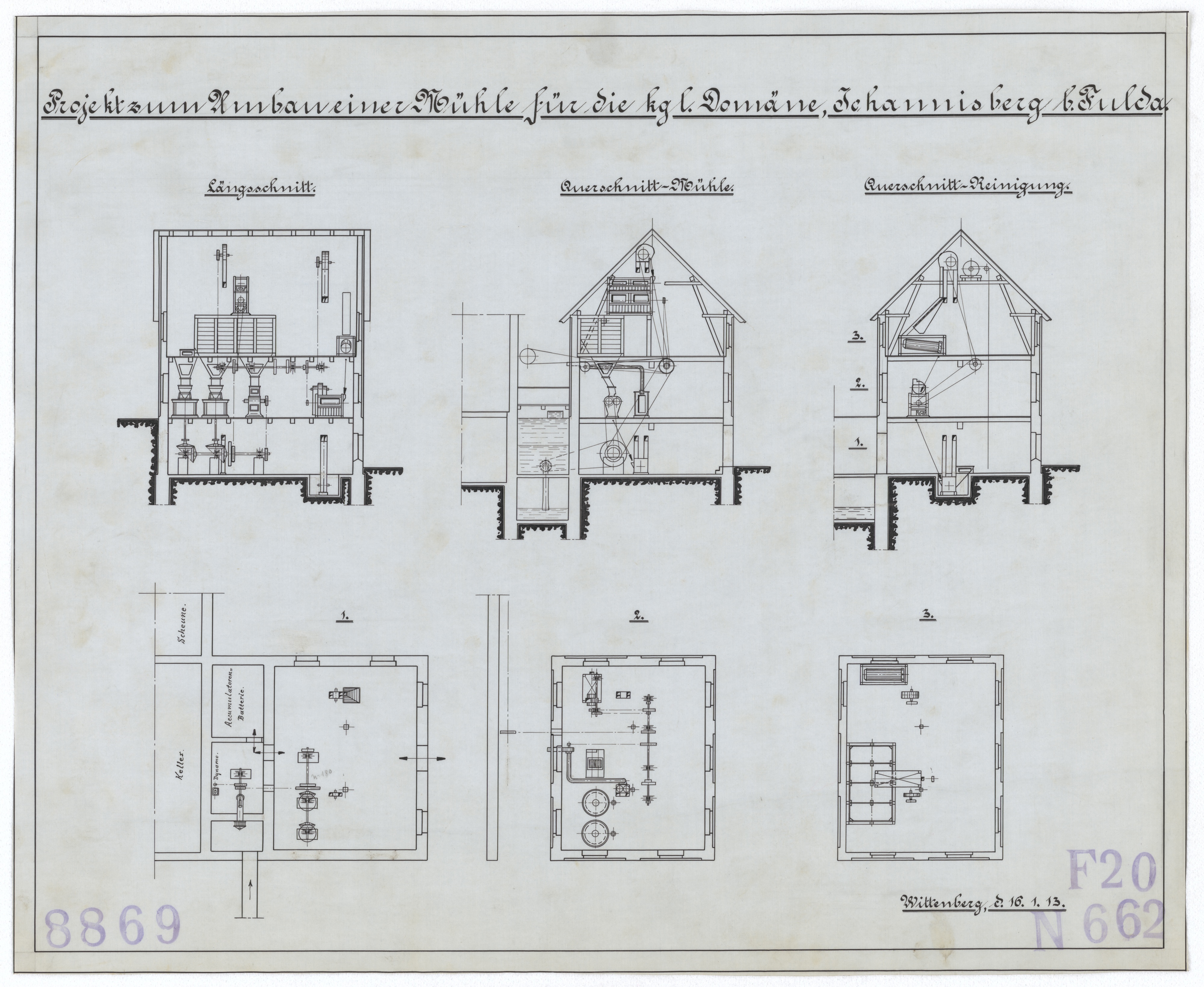 Technische Zeichnung : Projekt zum Umbau einer Mühle für die königliche Domäne, Johannisberg bei Fulda (Stiftung Deutsches Technikmuseum Berlin CC BY-SA)